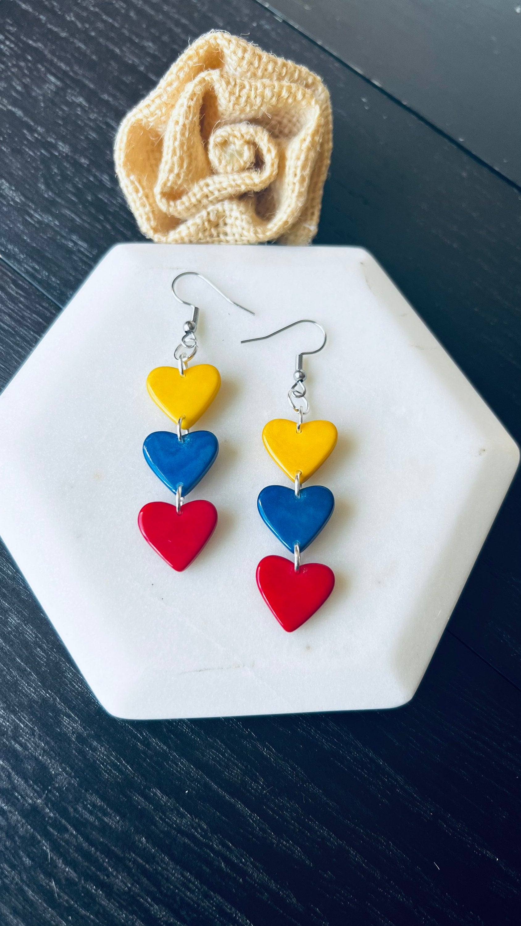 Colombia flag earrings Yellow blue and red hearts statement earrings Tagua jewelry gifts Ecuador fashion Venezuela flag pride Hypoallergenic