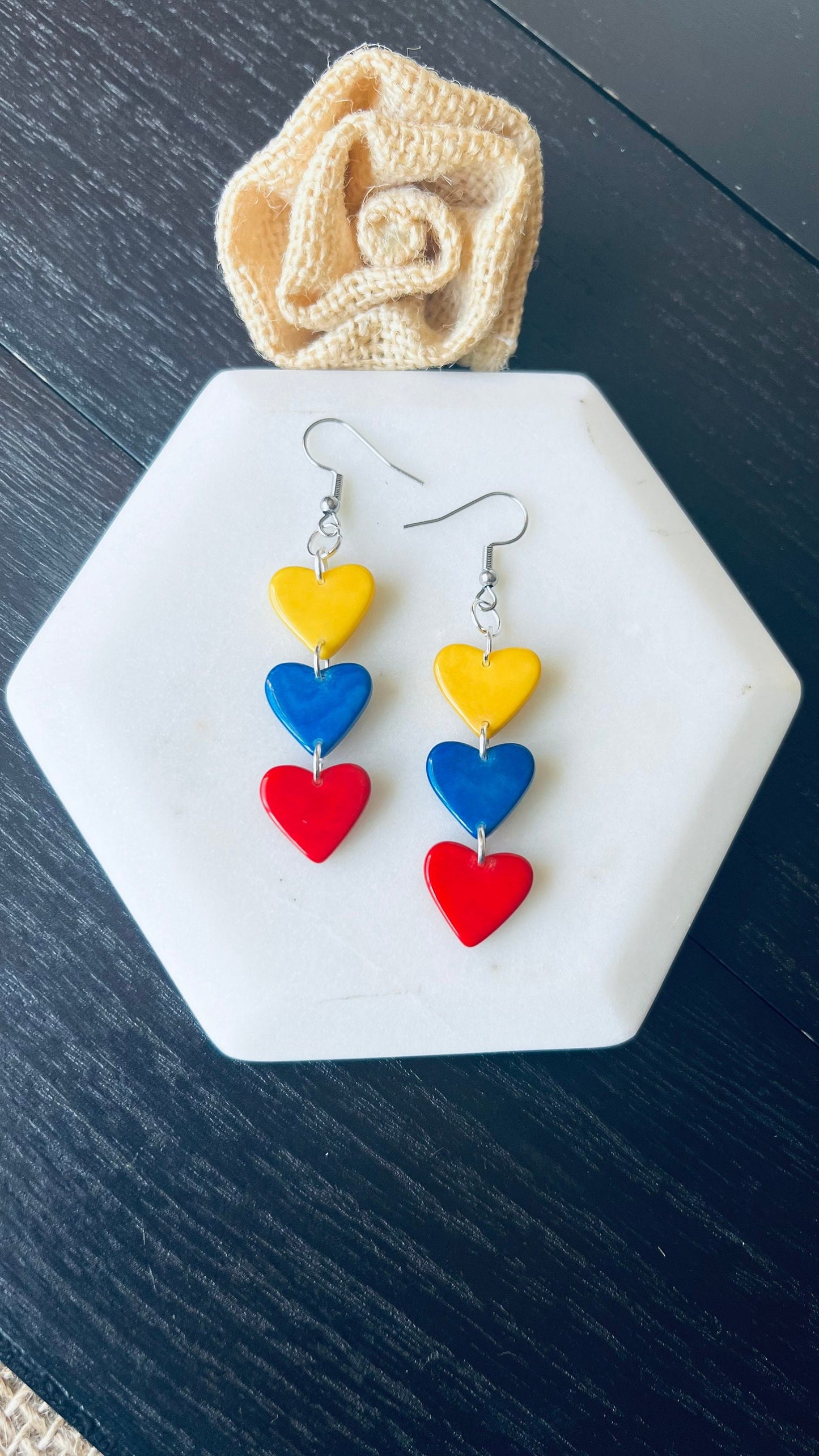 Colombia flag earrings Yellow blue and red hearts statement earrings Tagua jewelry gifts Ecuador fashion Venezuela flag pride Hypoallergenic