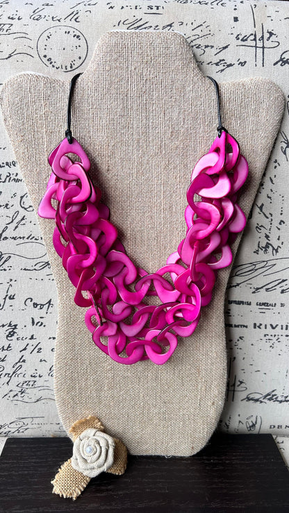 Pink statement necklace Chain link necklace chunky Tagua jewelry Funky chunky necklaces Fall fashion 2025 Wearable art Multi layer necklace