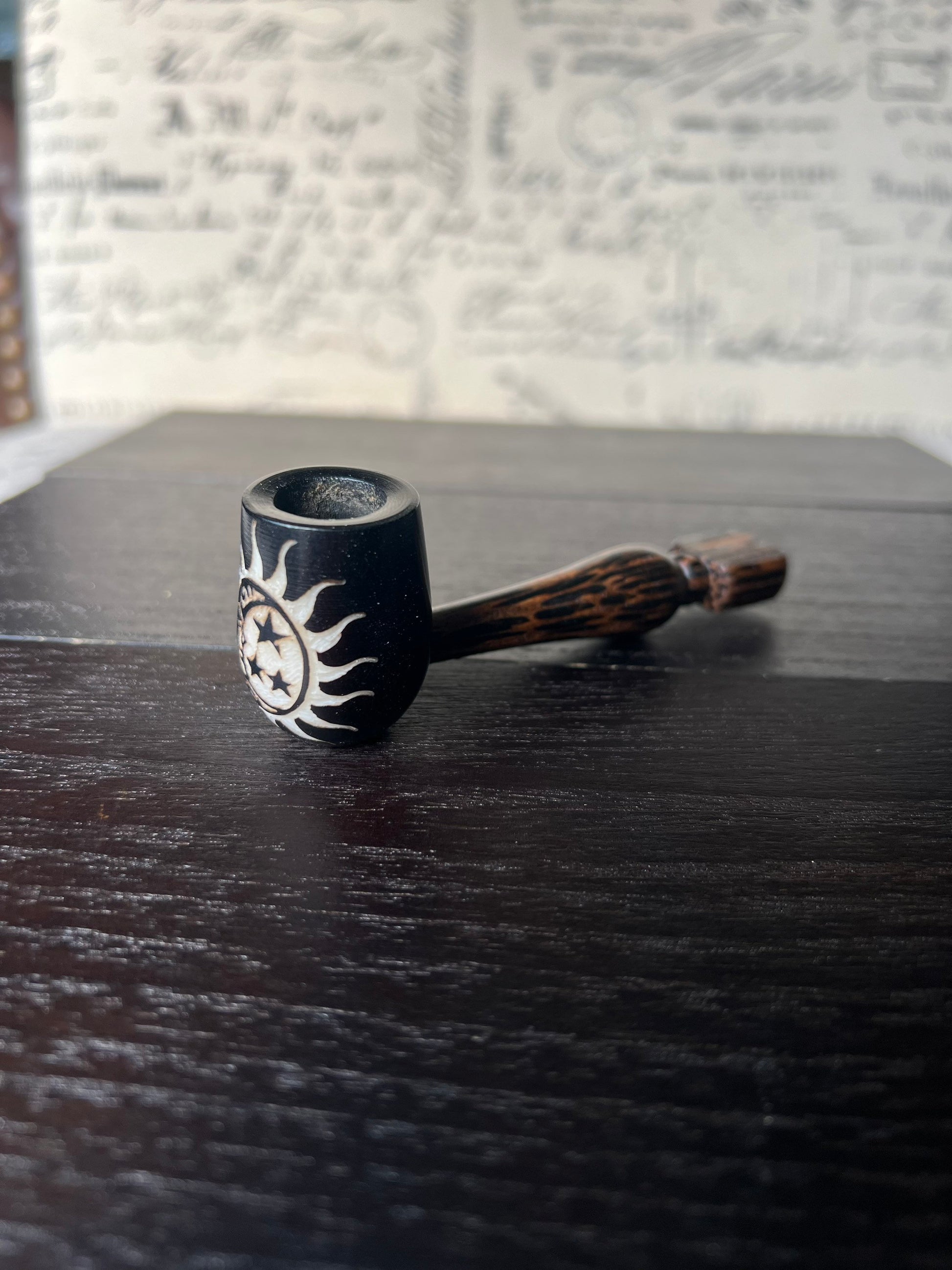 Sun moon stars smoking pipe Handcrafted smoking bowl Tagua nut Unique tribal hand pipe Shamanic healing tools Hippie style pipe Gift for her