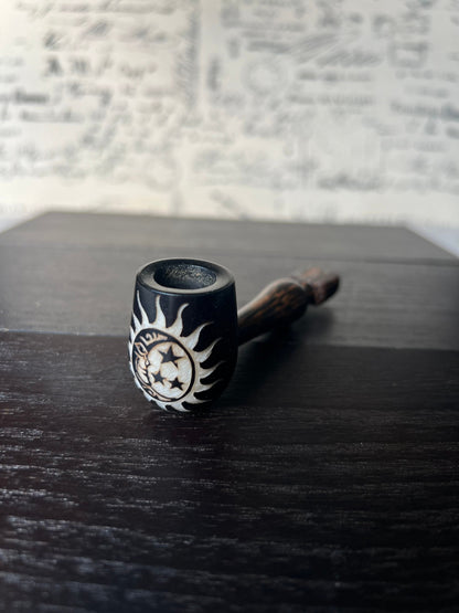 Sun moon stars smoking pipe Handcrafted smoking bowl Tagua nut Unique tribal hand pipe Shamanic healing tools Hippie style pipe Gift for her