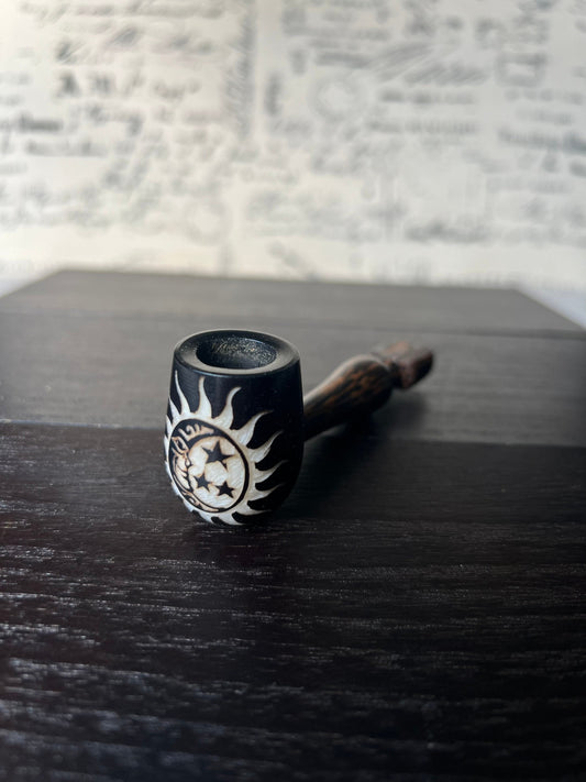 Sun moon stars smoking pipe Handcrafted smoking bowl Tagua nut Unique tribal hand pipe Shamanic healing tools Hippie style pipe Gift for her