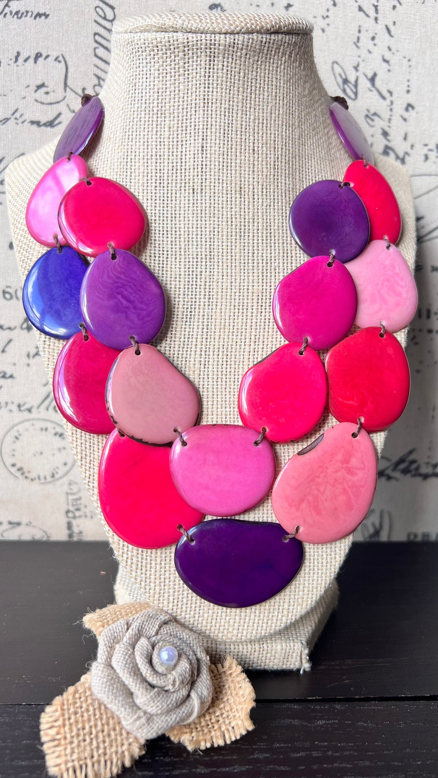 Pink & Purple Tagua Necklace, Adjustable Layered Bib Necklace, Double Layer and Lightweight
