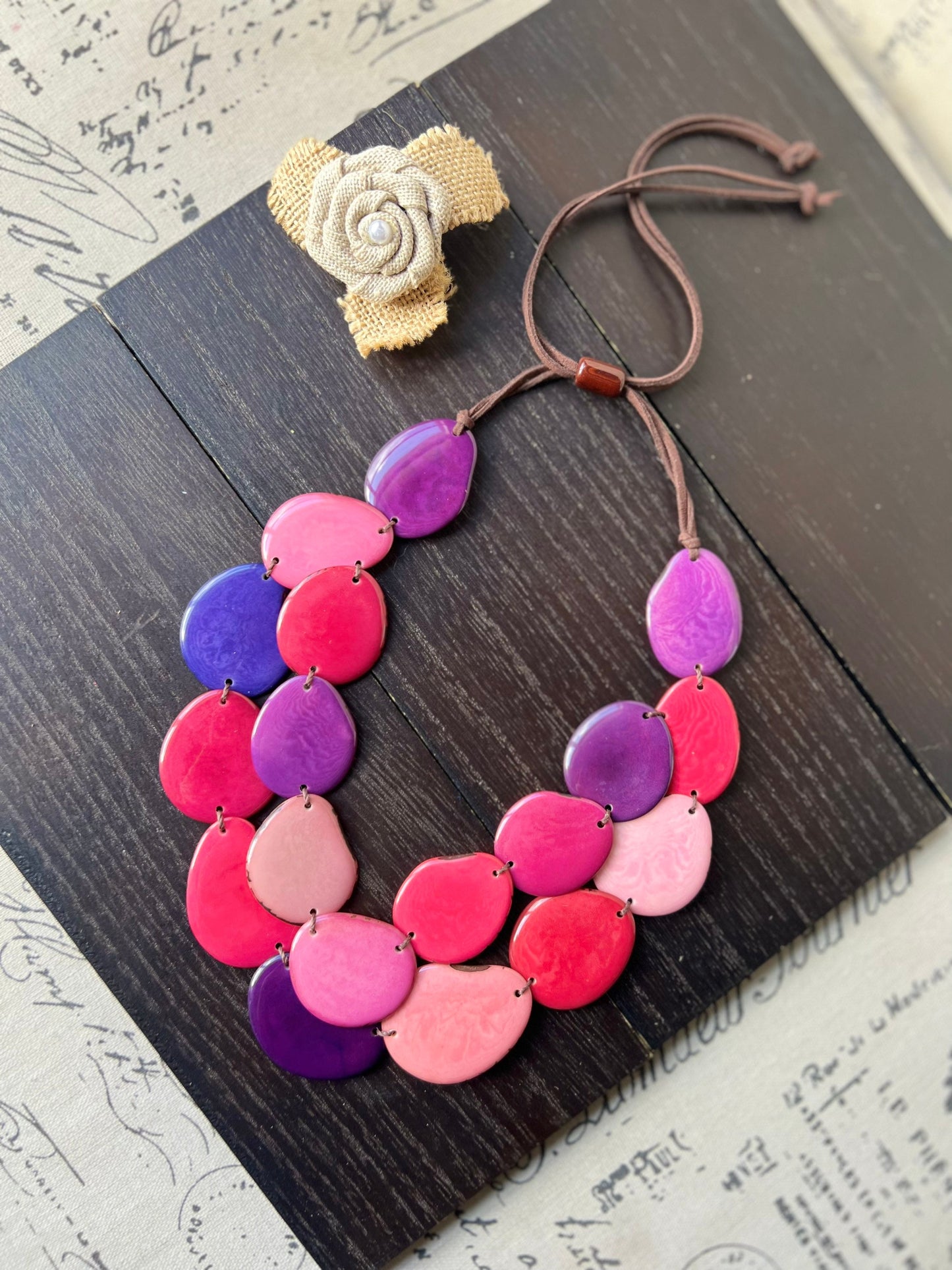 Pink & Purple Tagua Necklace, Adjustable Layered Bib Necklace, Double Layer and Lightweight
