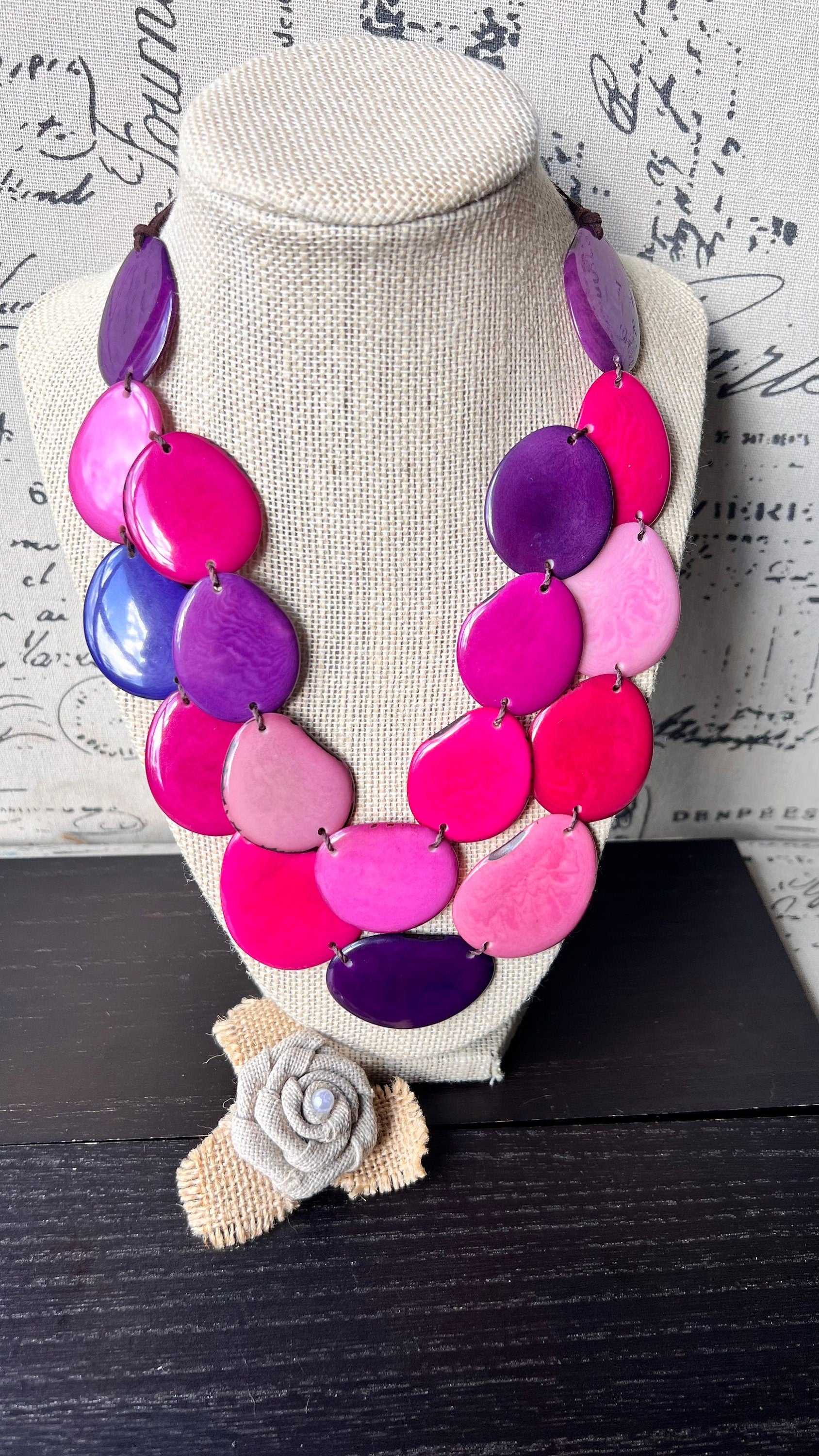 Pink & Purple Tagua Necklace, Adjustable Layered Bib Necklace, Double Layer and Lightweight