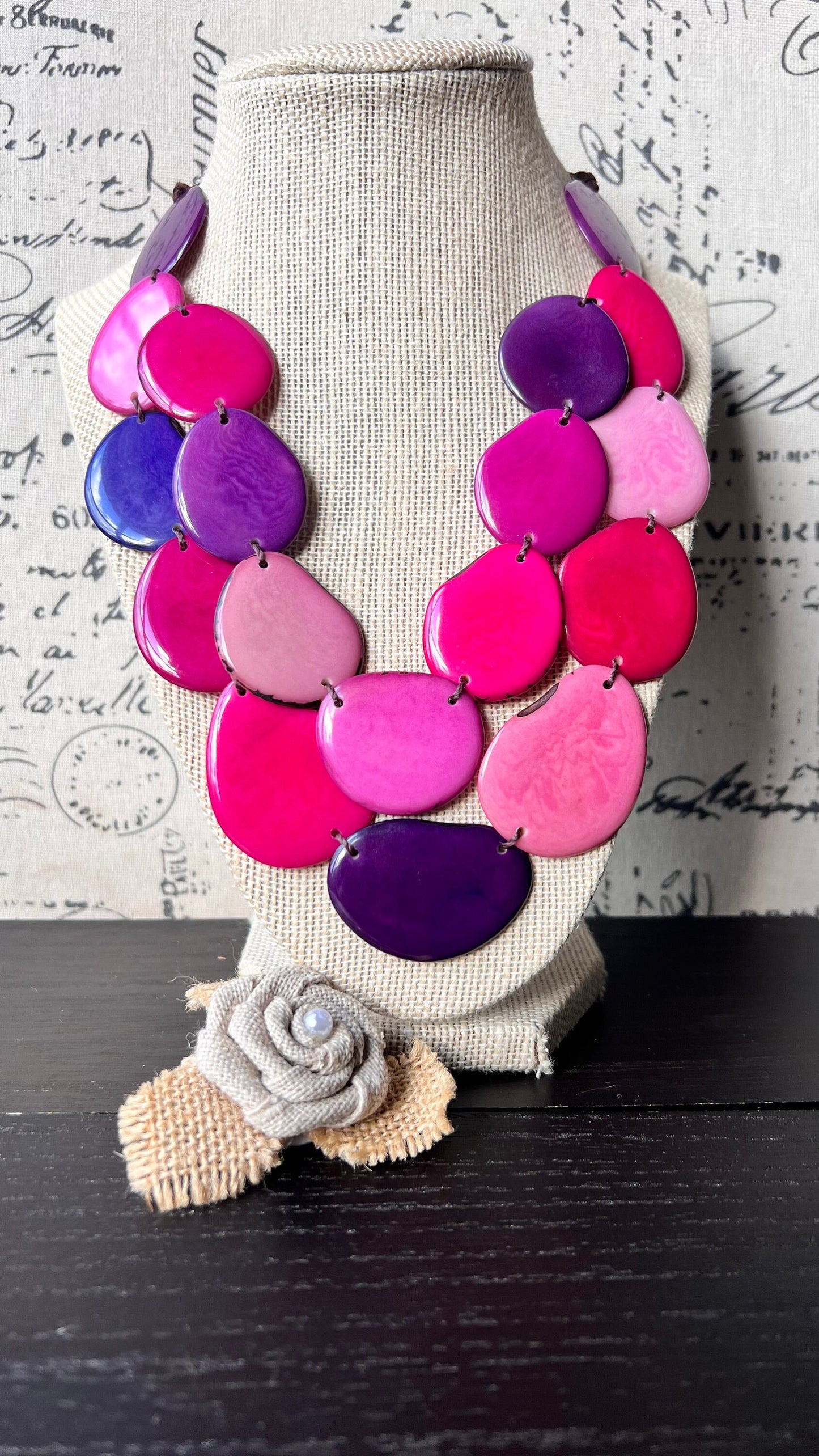 Pink & Purple Tagua Necklace, Adjustable Layered Bib Necklace, Double Layer and Lightweight