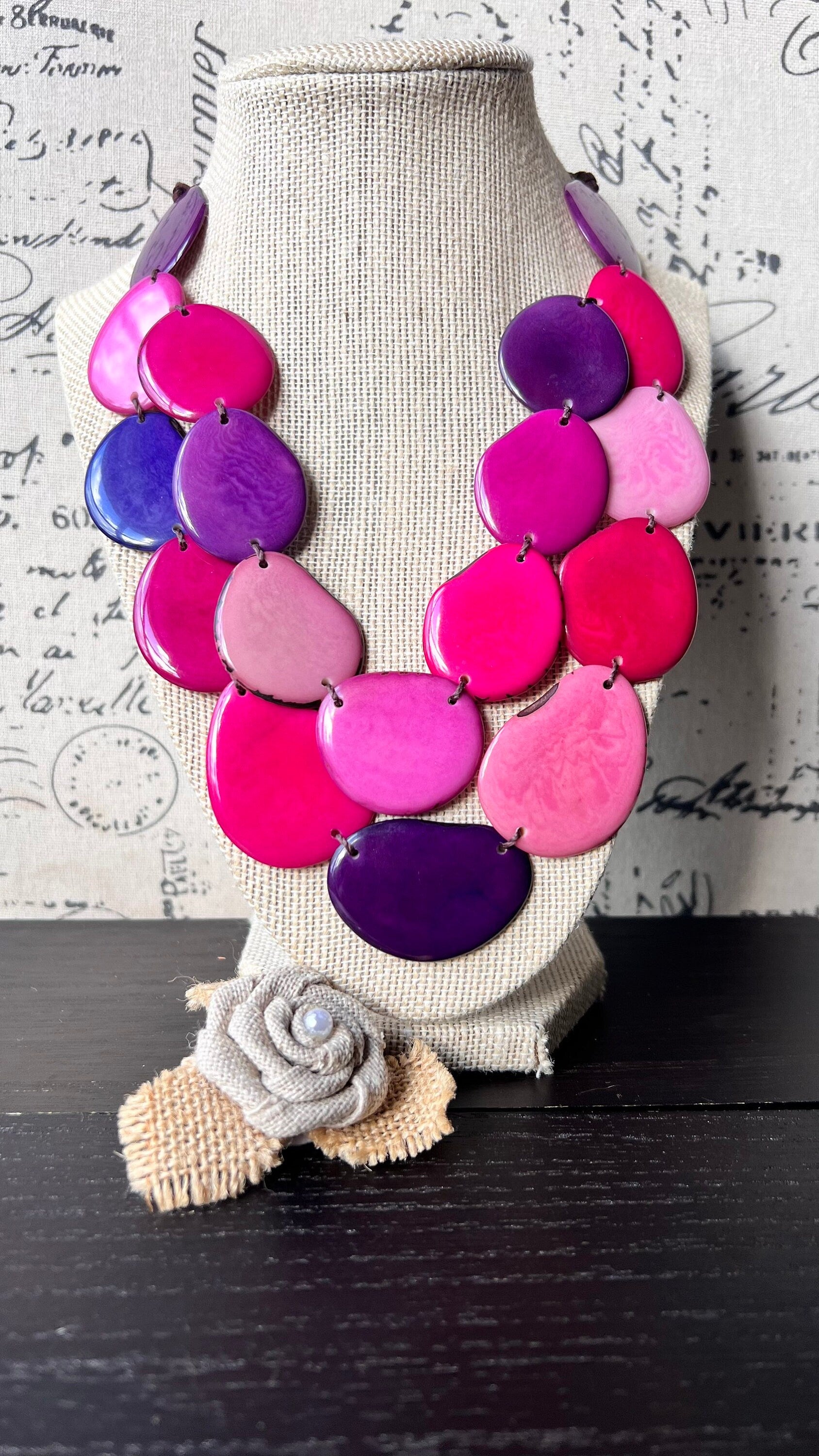 Pink & Purple Tagua Necklace, Adjustable Layered Bib Necklace, Double Layer and Lightweight