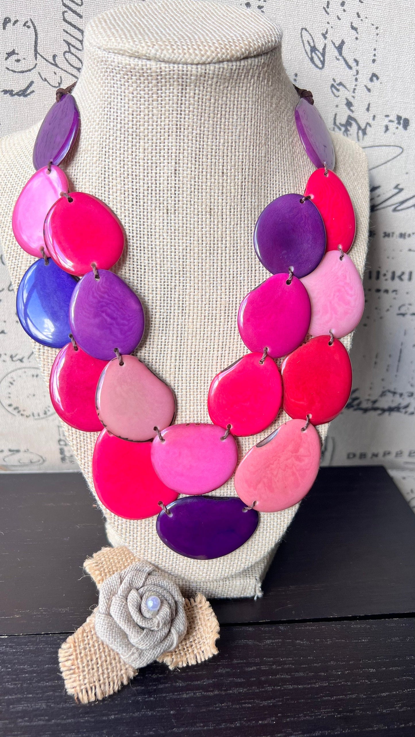 Pink & Purple Tagua Necklace, Adjustable Layered Bib Necklace, Double Layer and Lightweight