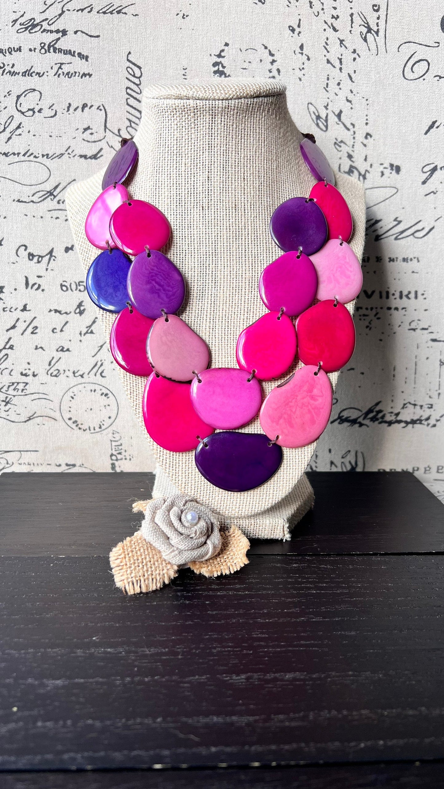 Pink & Purple Tagua Necklace, Adjustable Layered Bib Necklace, Double Layer and Lightweight