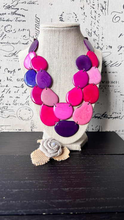 Pink & Purple Tagua Necklace, Adjustable Layered Bib Necklace, Double Layer and Lightweight