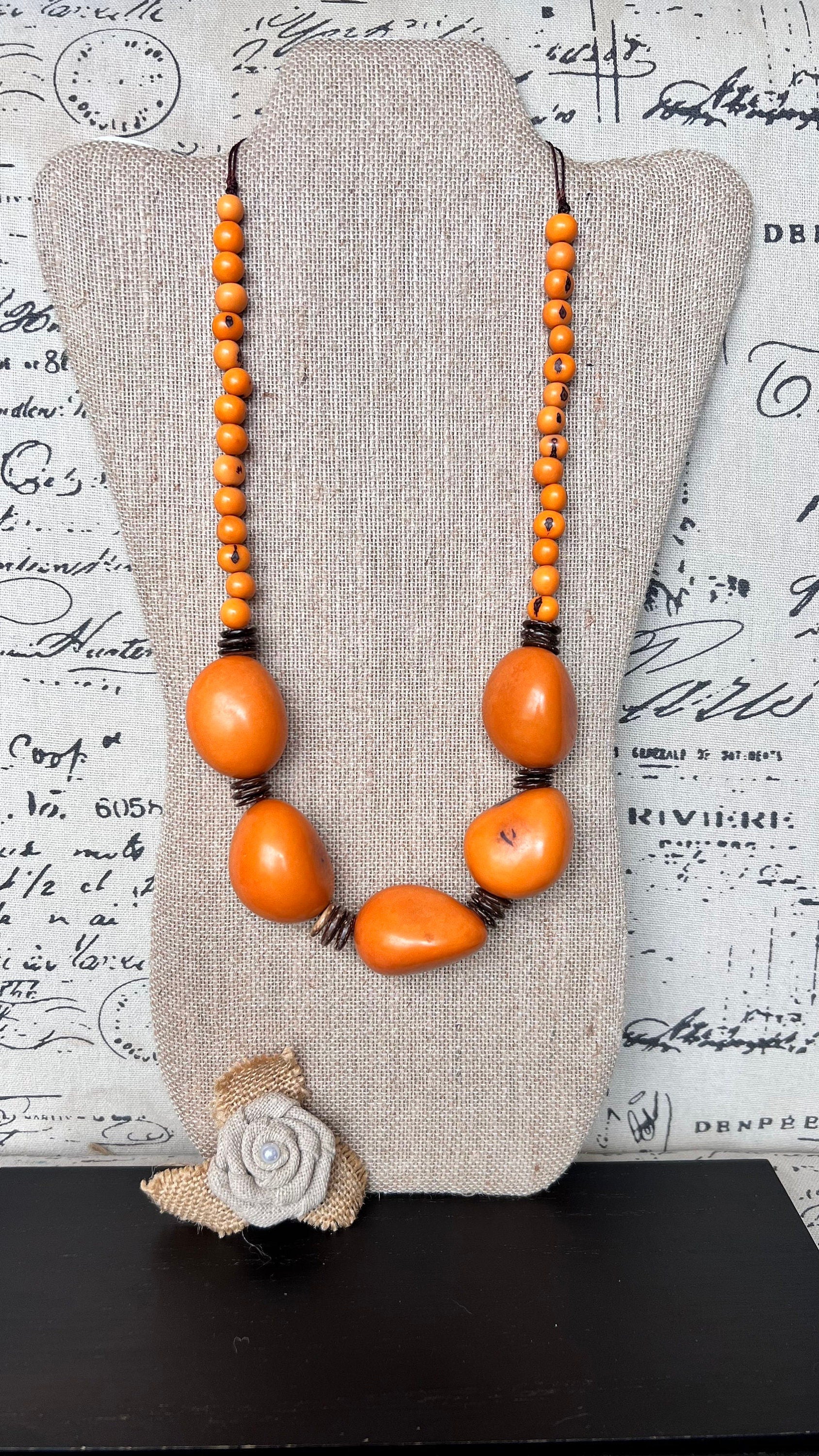Orange extra long necklace Lightweight adjustable cord necklace Anniversary gifts for wife Art to wear Tagua jewelry Fall fashion 2025s