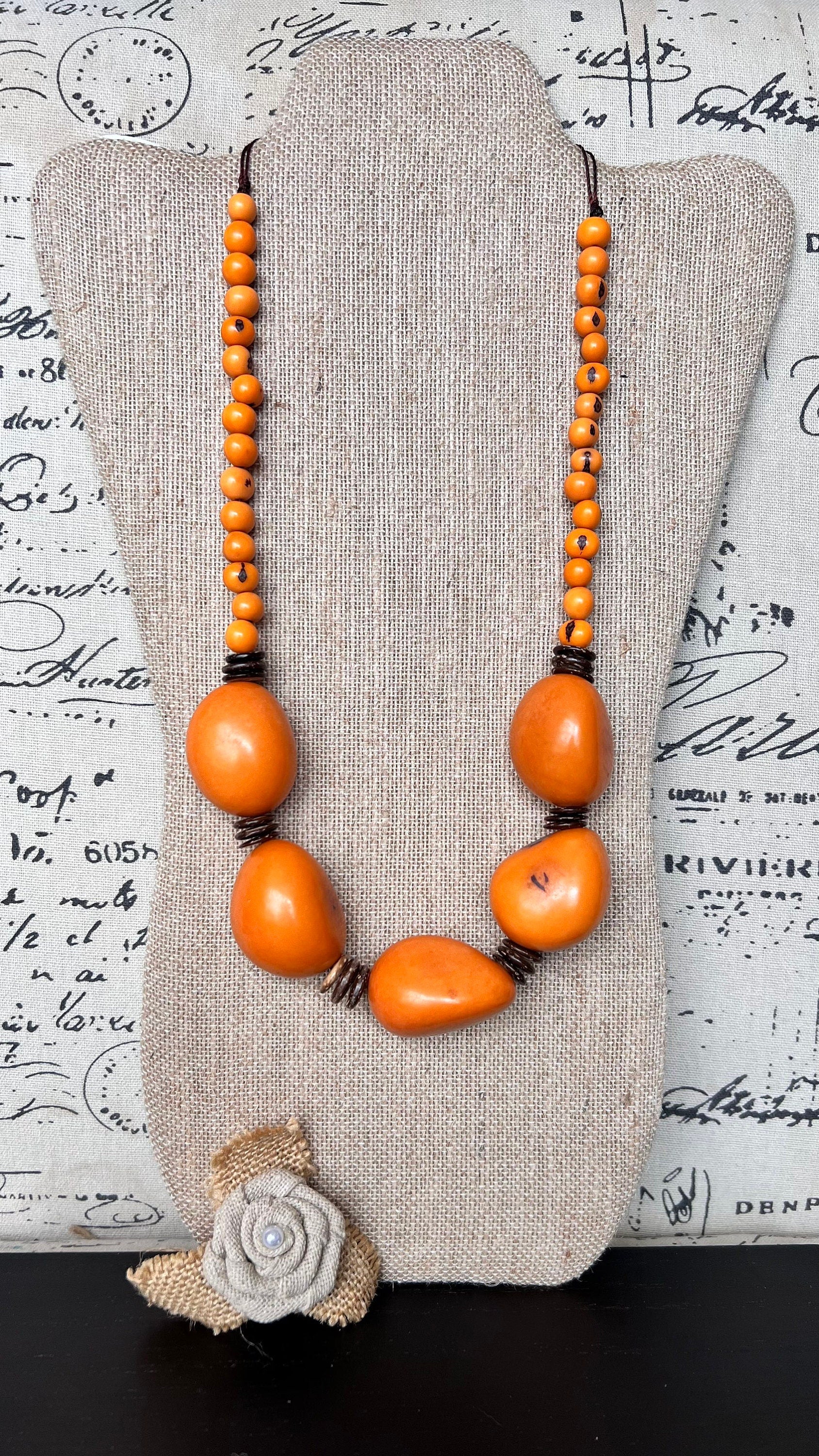 Orange extra long necklace Lightweight adjustable cord necklace Anniversary gifts for wife Art to wear Tagua jewelry Fall fashion 2025s