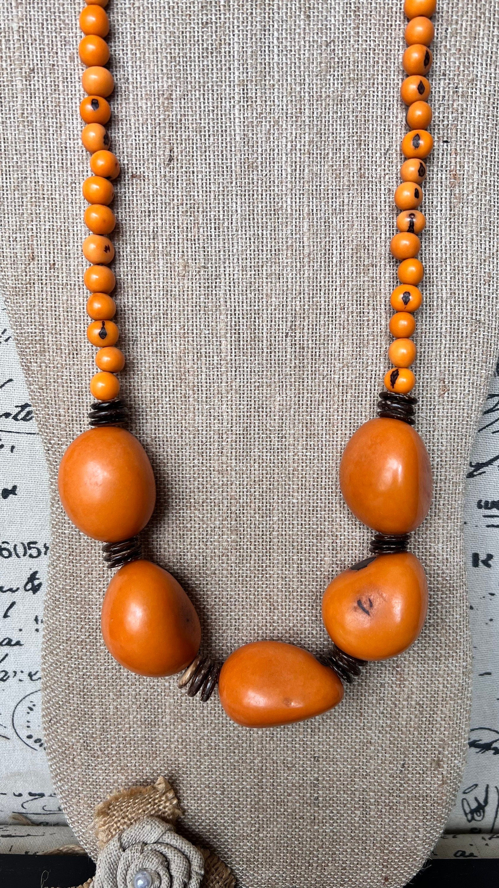 Orange extra long necklace Lightweight adjustable cord necklace Anniversary gifts for wife Art to wear Tagua jewelry Fall fashion 2025s