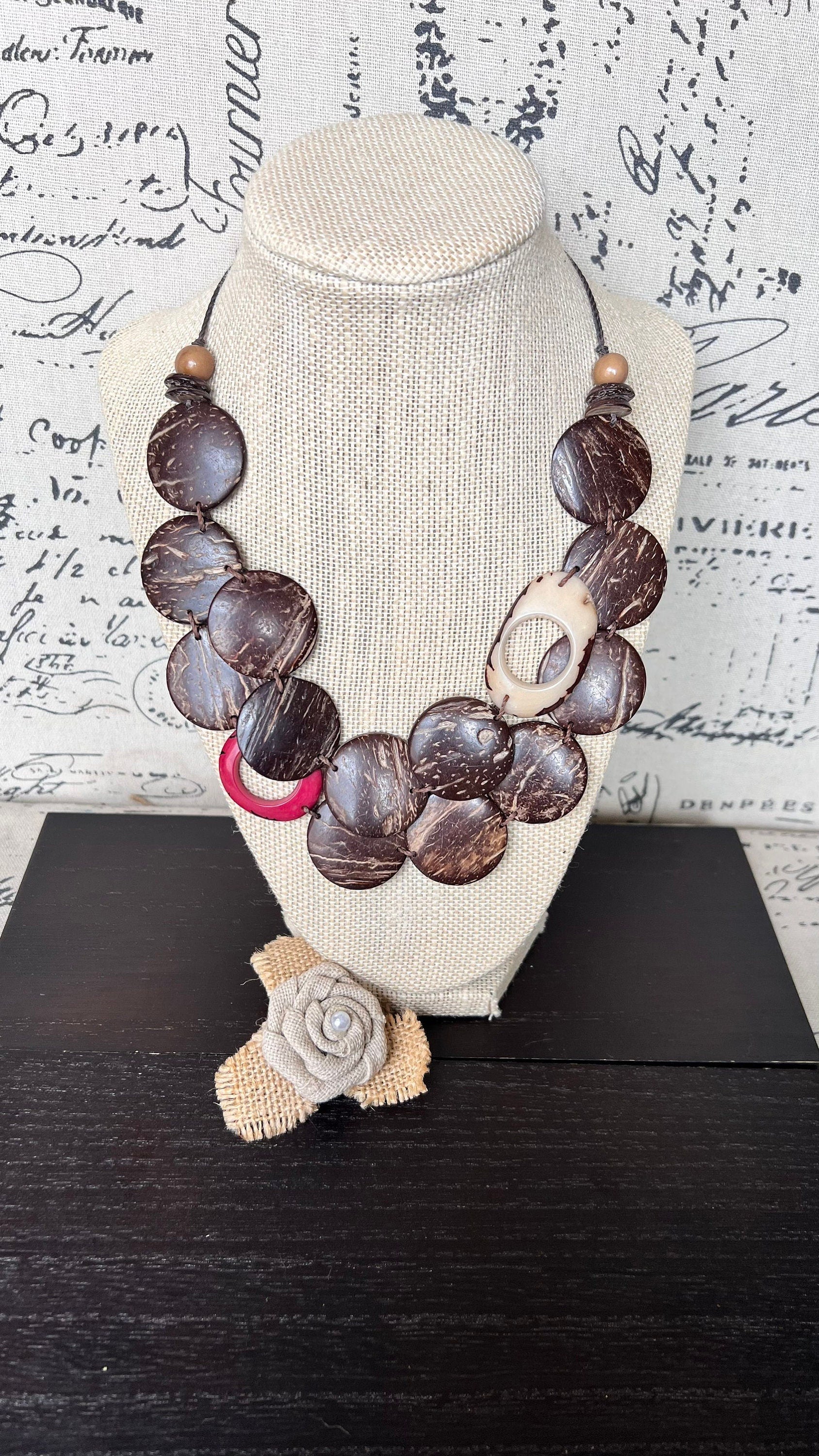 Brown statement necklace Tagua and coconut jewelry Adjustable cord Art to wear Sustainable fashion Artisan handmade necklace Cruise wear