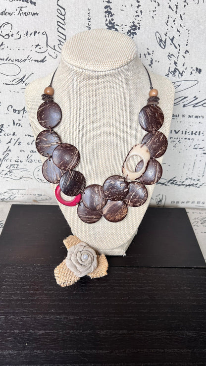 Brown statement necklace Tagua and coconut jewelry Adjustable cord Art to wear Sustainable fashion Artisan handmade necklace Cruise wear