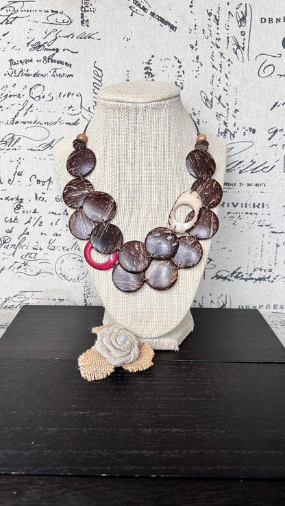 Brown statement necklace Tagua and coconut jewelry Adjustable cord Art to wear Sustainable fashion Artisan handmade necklace Cruise wear