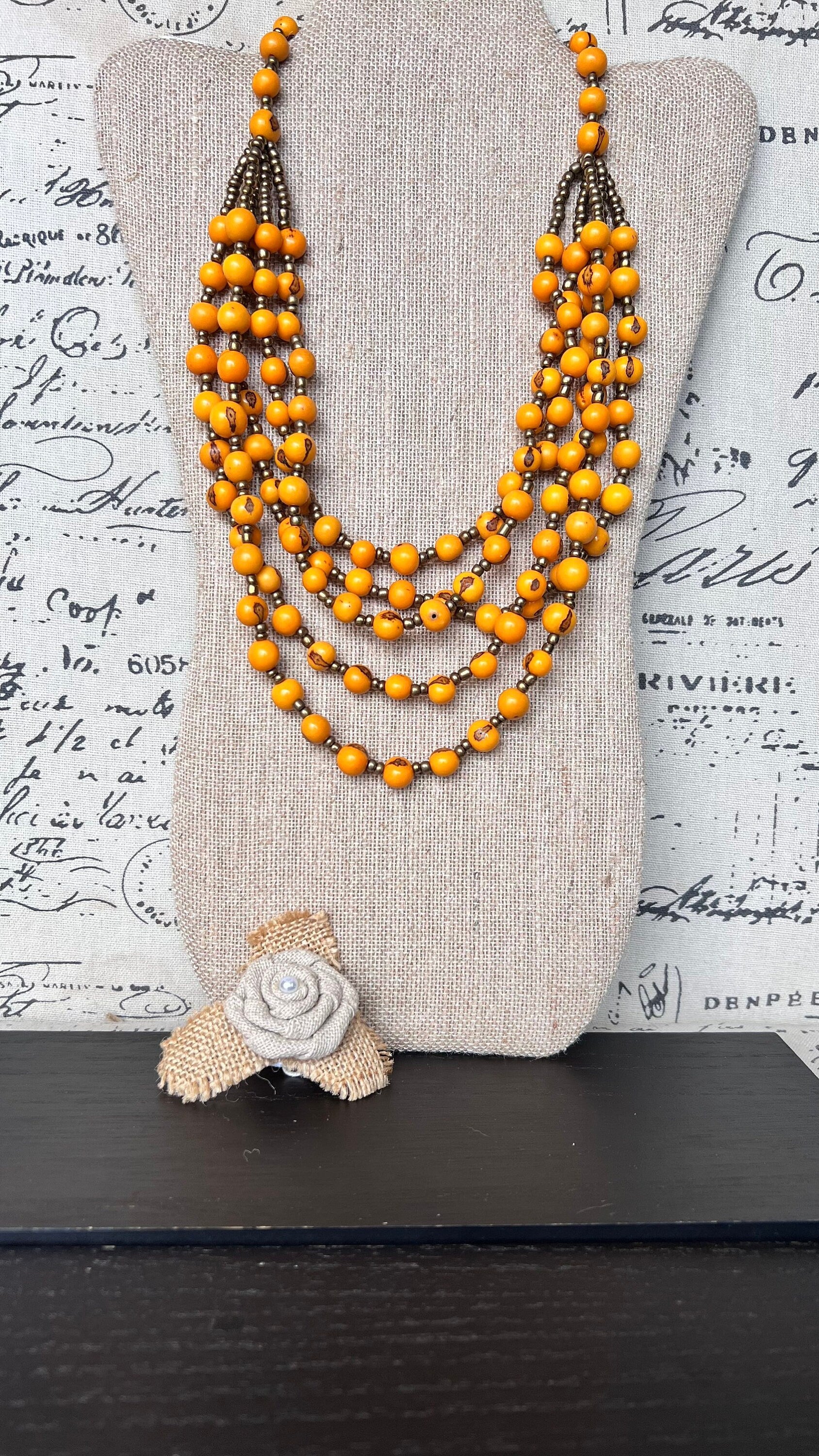 Yellow long necklace Acai jewelry Lightweight statement collar Artisan made in Ecuador Wearable art Fall fashion 2025s Multi layer necklace