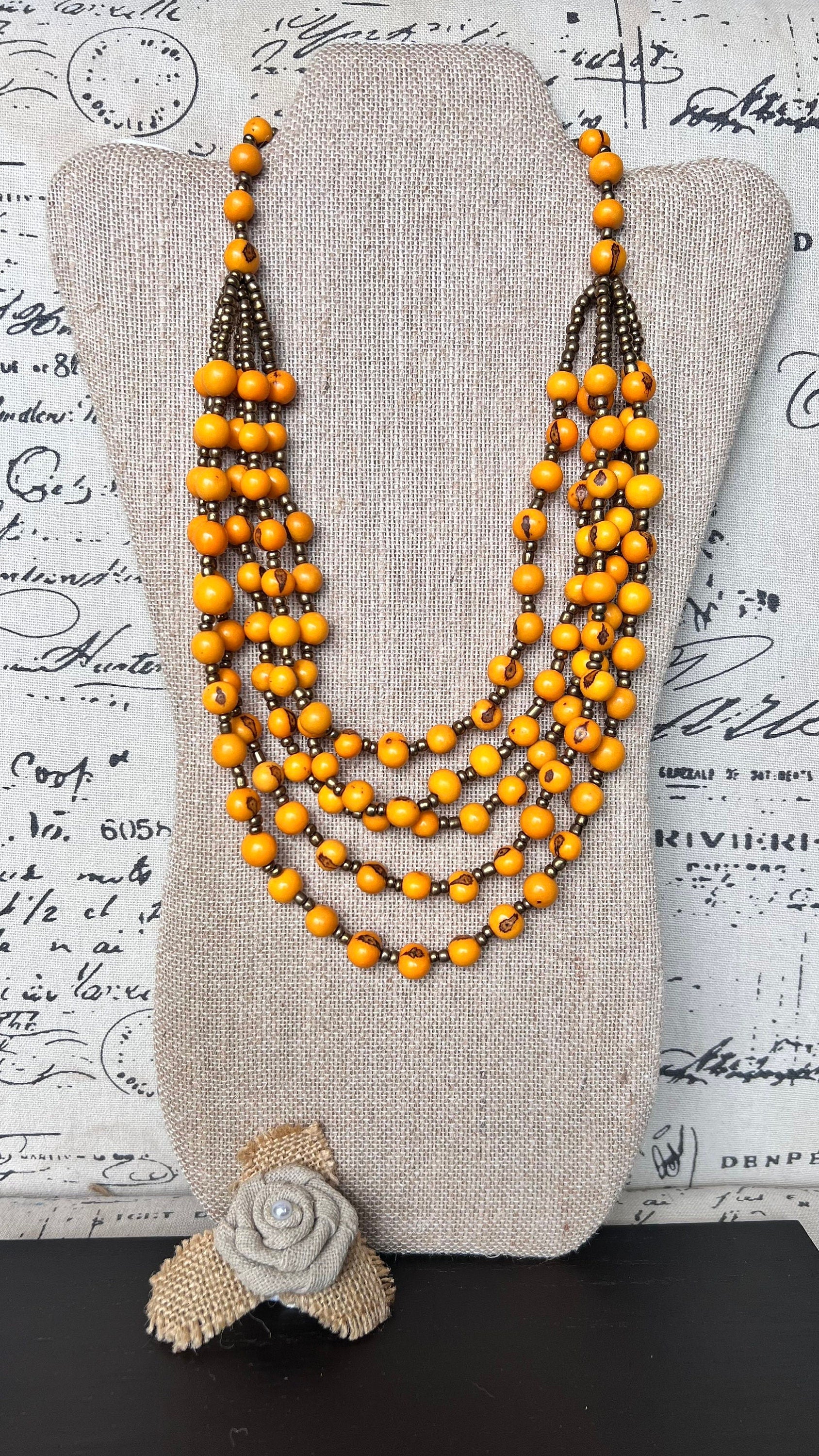 Yellow long necklace Acai jewelry Lightweight statement collar Artisan made in Ecuador Wearable art Fall fashion 2025s Multi layer necklace
