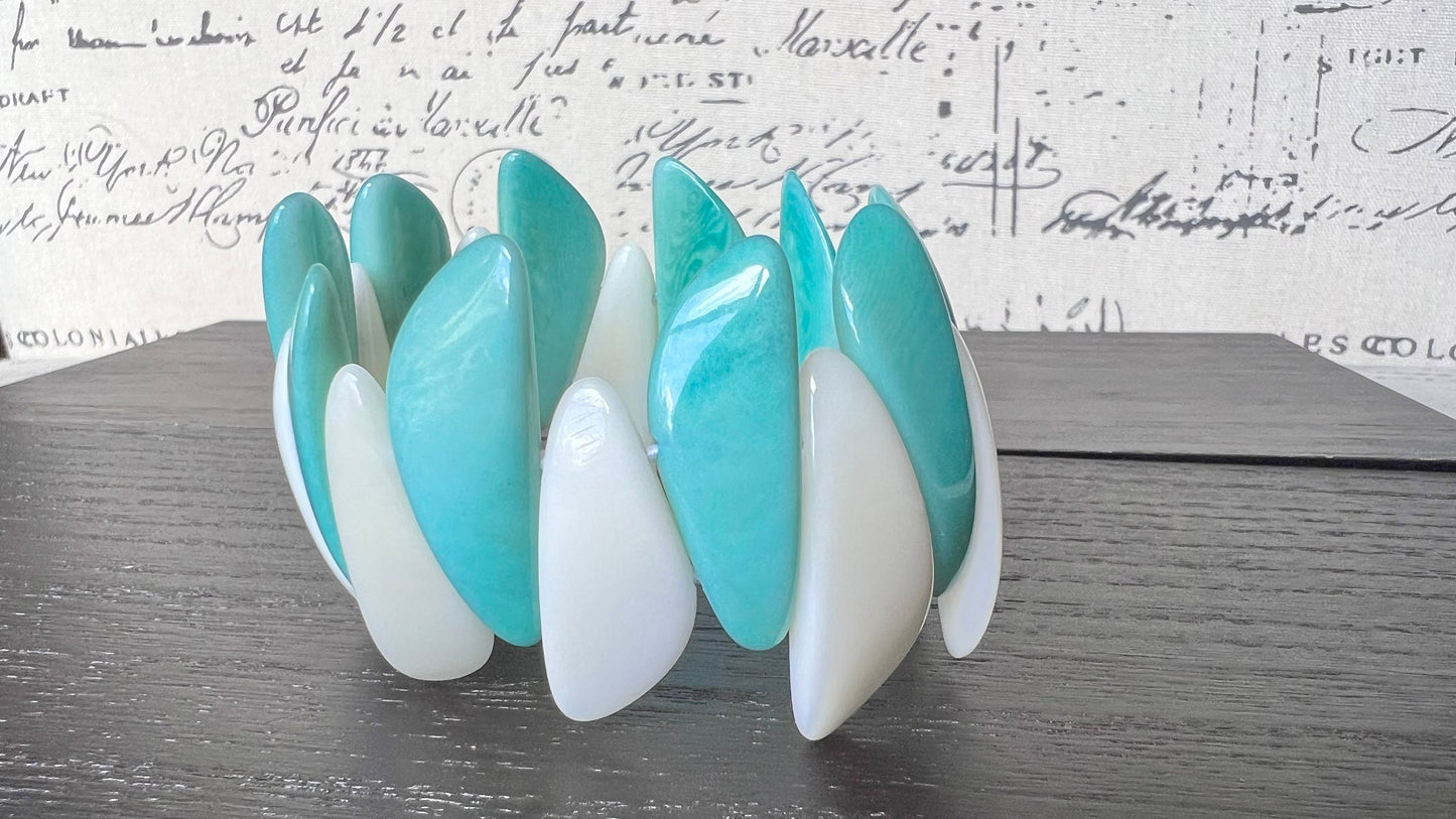 Turquoise green white beaded bracelet Stocking stuffers under 25 Tagua jewelry Multicolor stretch bangle Beach wedding trends Fall fashion