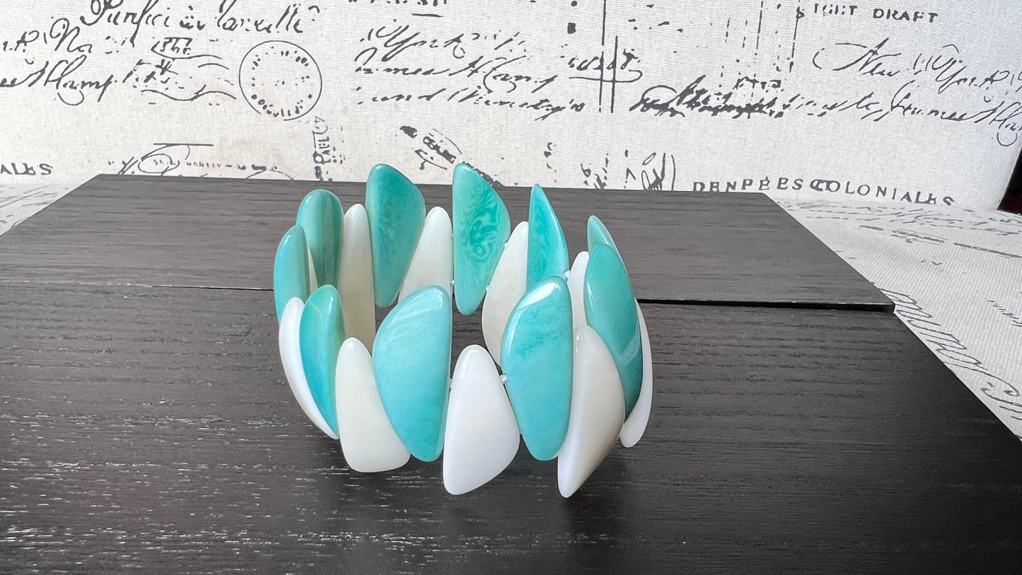 Turquoise green white beaded bracelet Stocking stuffers under 25 Tagua jewelry Multicolor stretch bangle Beach wedding trends Fall fashion