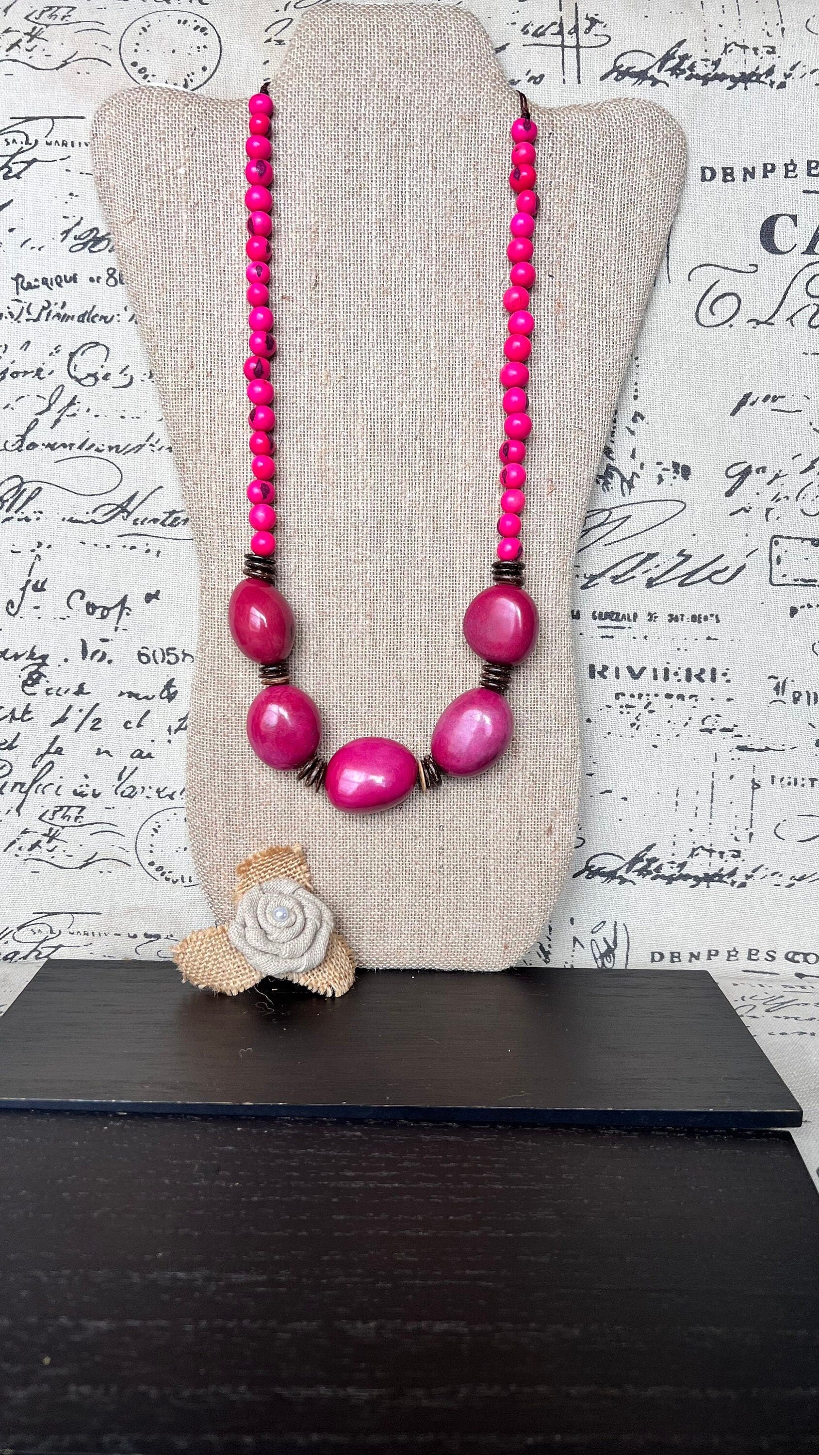 Hot Pink extra long necklace Tagua necklace Adjustable cord Fall fashion 2025 Mothers day gifts Big bold necklaces Statement bead necklace