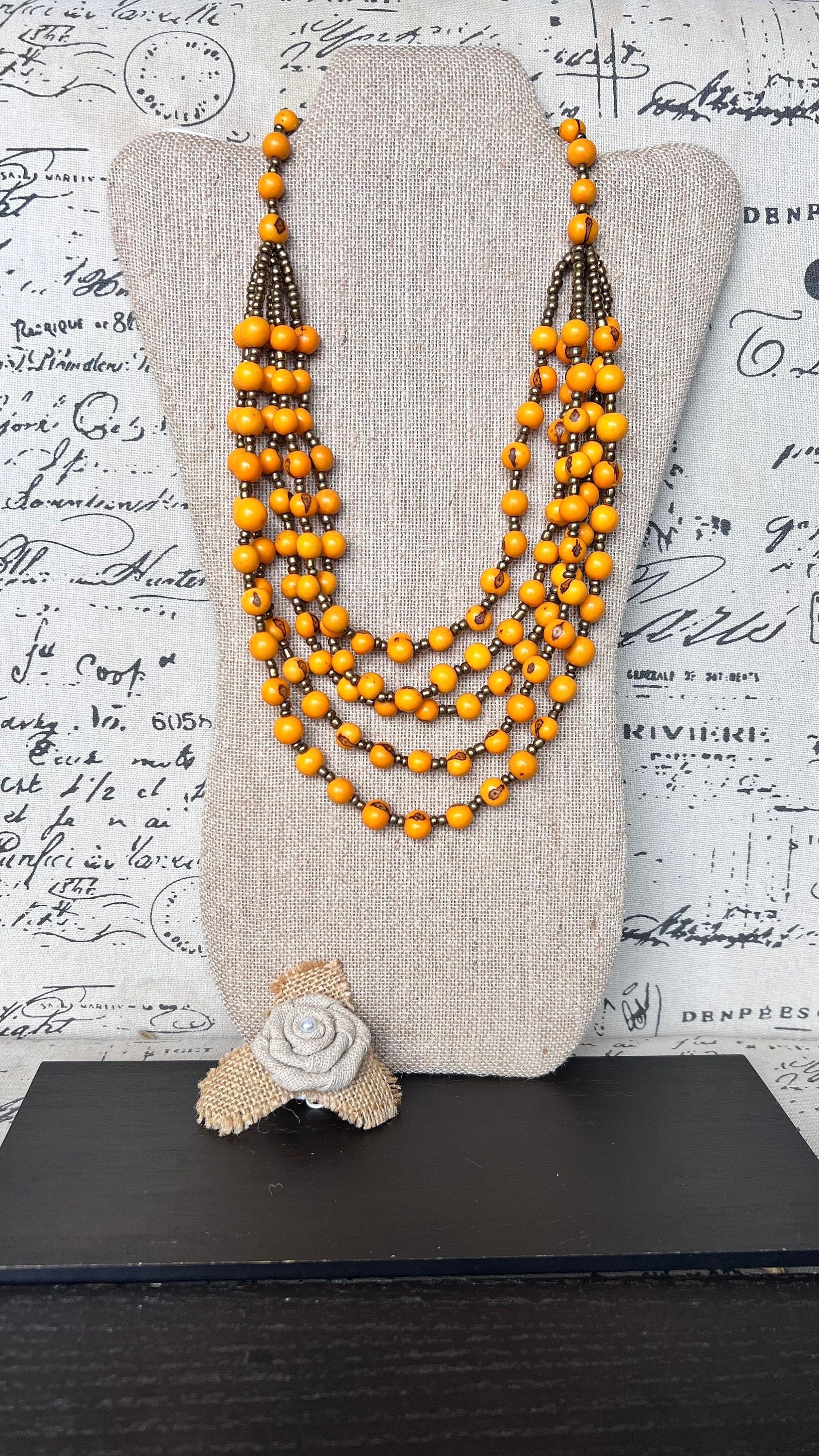 Yellow long necklace Acai jewelry Lightweight statement collar Artisan made in Ecuador Wearable art Fall fashion 2025s Multi layer necklace