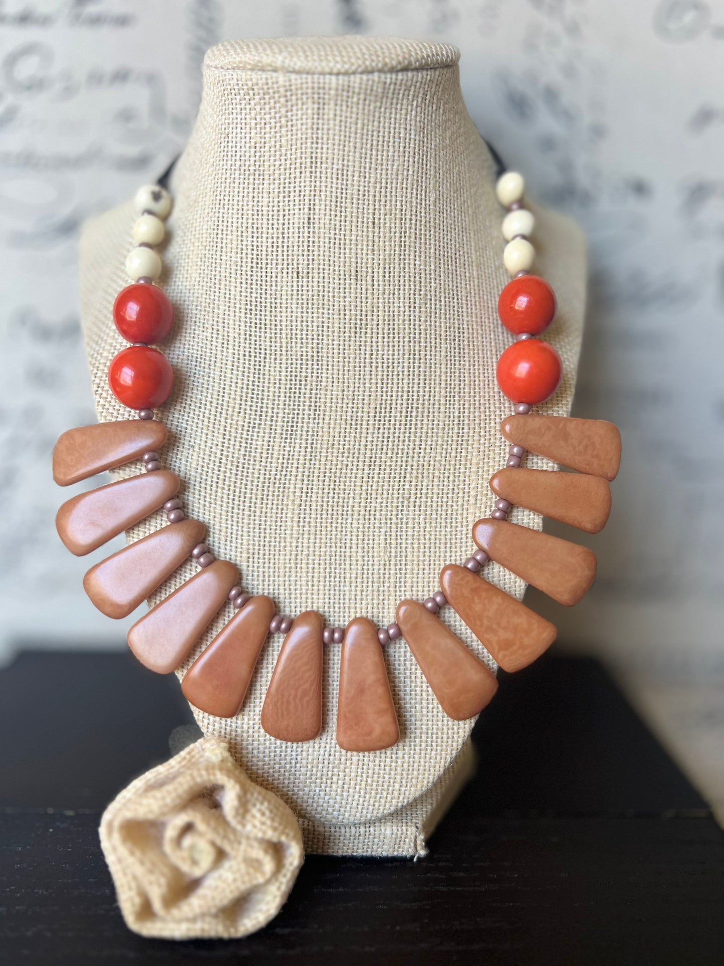Brown statement adjustable necklace Tagua jewelry Fall fashion 2025s Big bold necklaces Wearable art Handmade beaded necklace Artsy gifts