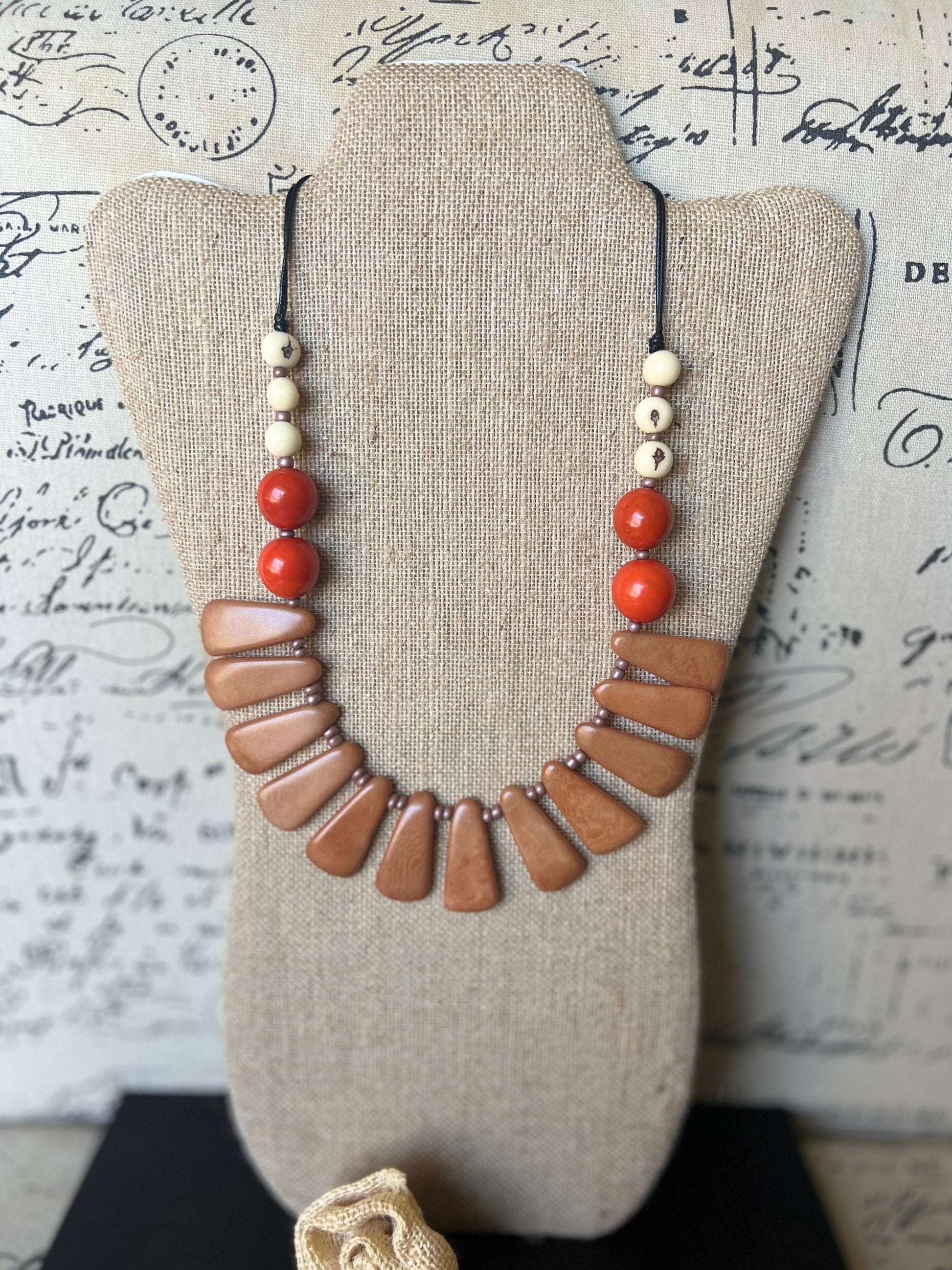 Brown statement adjustable necklace Tagua jewelry Fall fashion 2025s Big bold necklaces Wearable art Handmade beaded necklace Artsy gifts