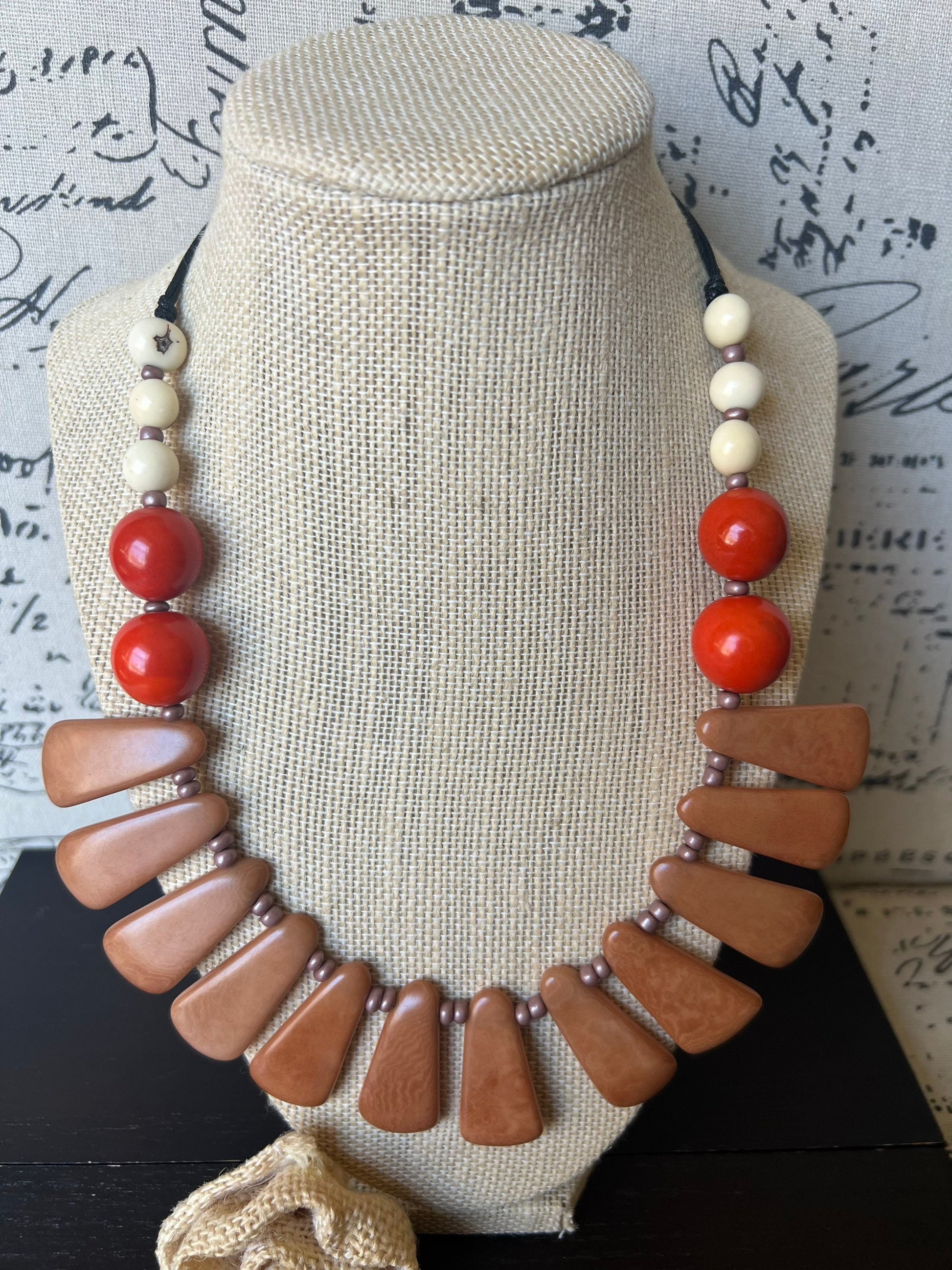 Brown statement adjustable necklace Tagua jewelry Fall fashion 2025s Big bold necklaces Wearable art Handmade beaded necklace Artsy gifts