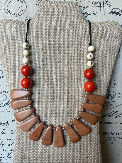 Brown statement adjustable necklace Tagua jewelry Fall fashion 2025s Big bold necklaces Wearable art Handmade beaded necklace Artsy gifts