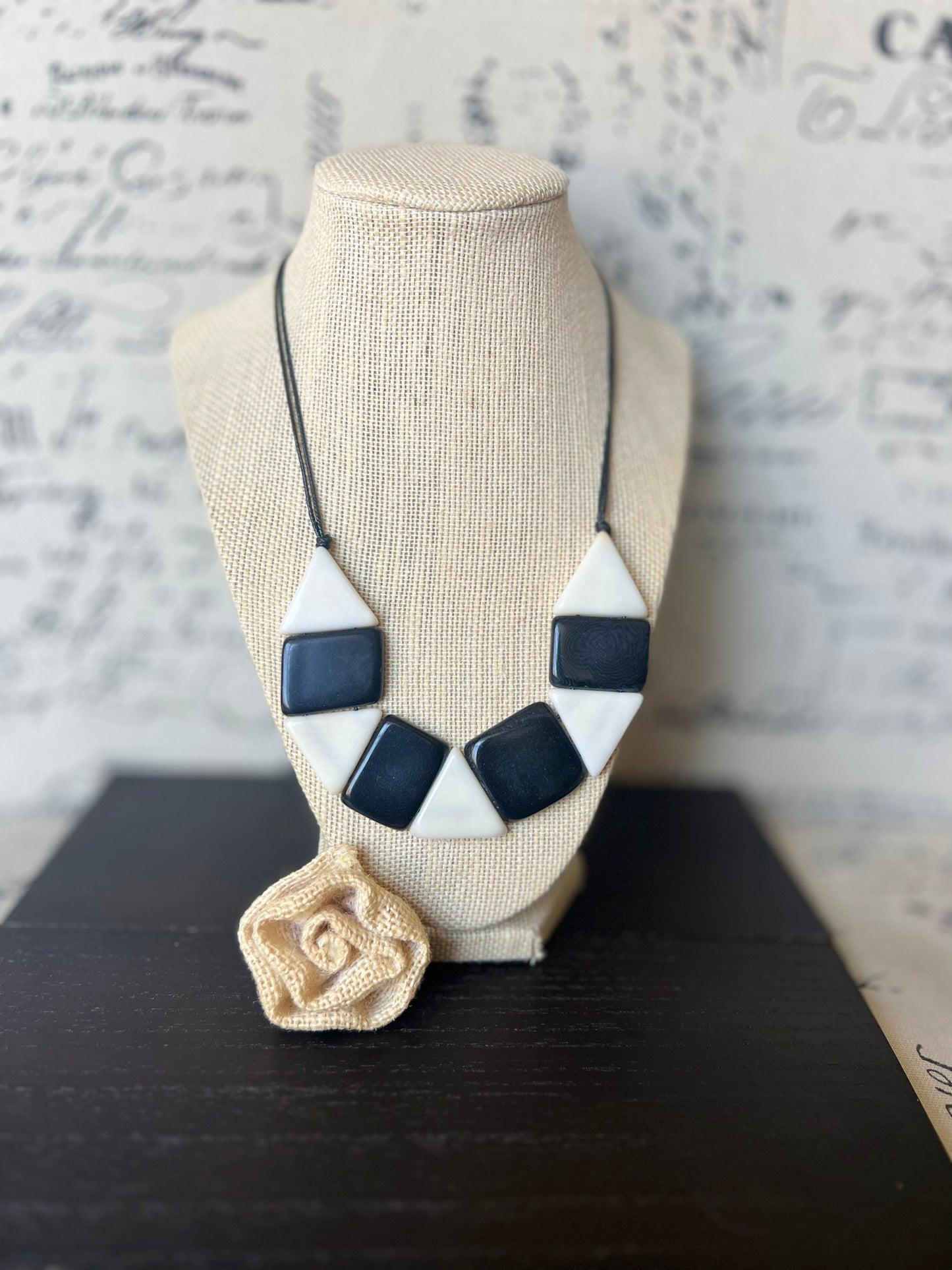 Black and white statement necklace Adjustable cord Tagua nut jewelry Artisan handmade Fall fashion Wearable art Simple bead necklace