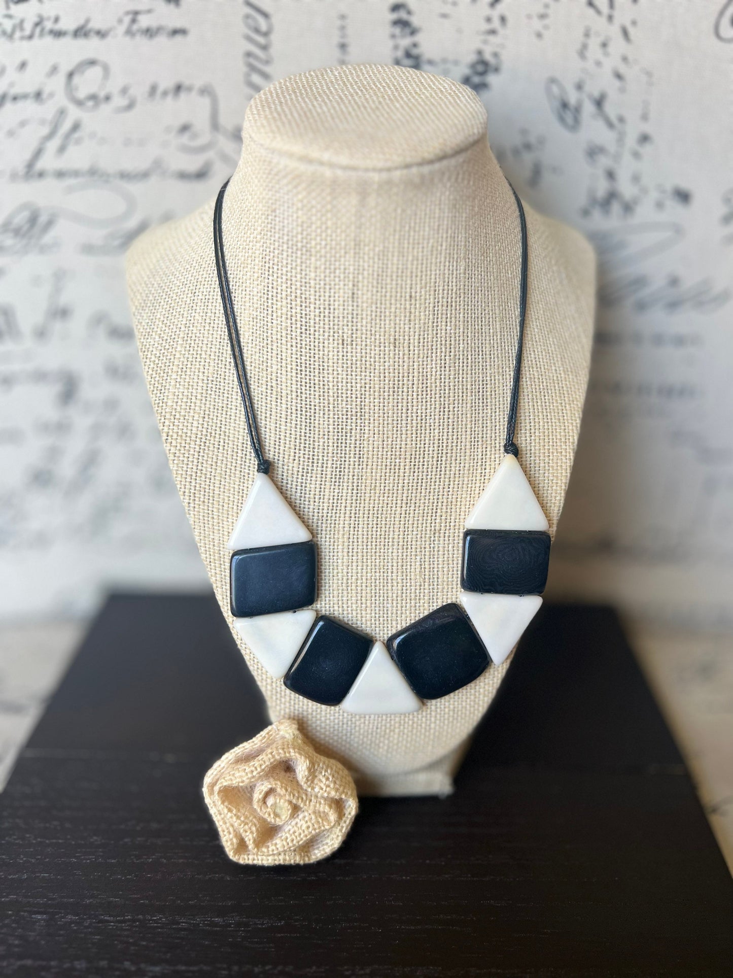 Black and white statement necklace Adjustable cord Tagua nut jewelry Artisan handmade Fall fashion Wearable art Simple bead necklace