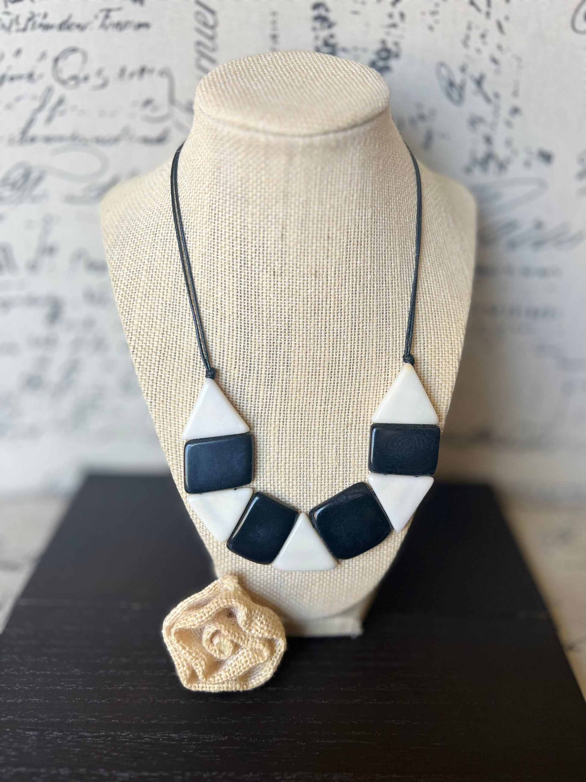 Black and white statement necklace Adjustable cord Tagua nut jewelry Artisan handmade Fall fashion Wearable art Simple bead necklace