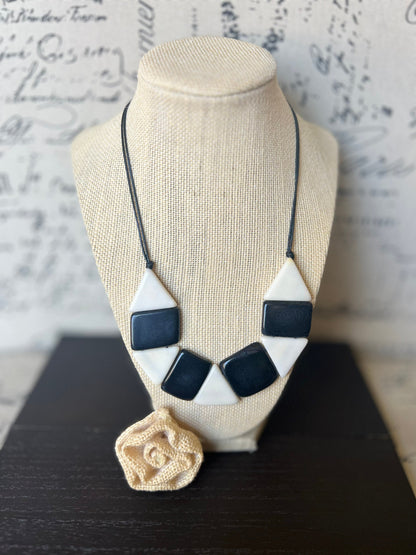 Black and white statement necklace Adjustable cord Tagua nut jewelry Artisan handmade Fall fashion Wearable art Simple bead necklace