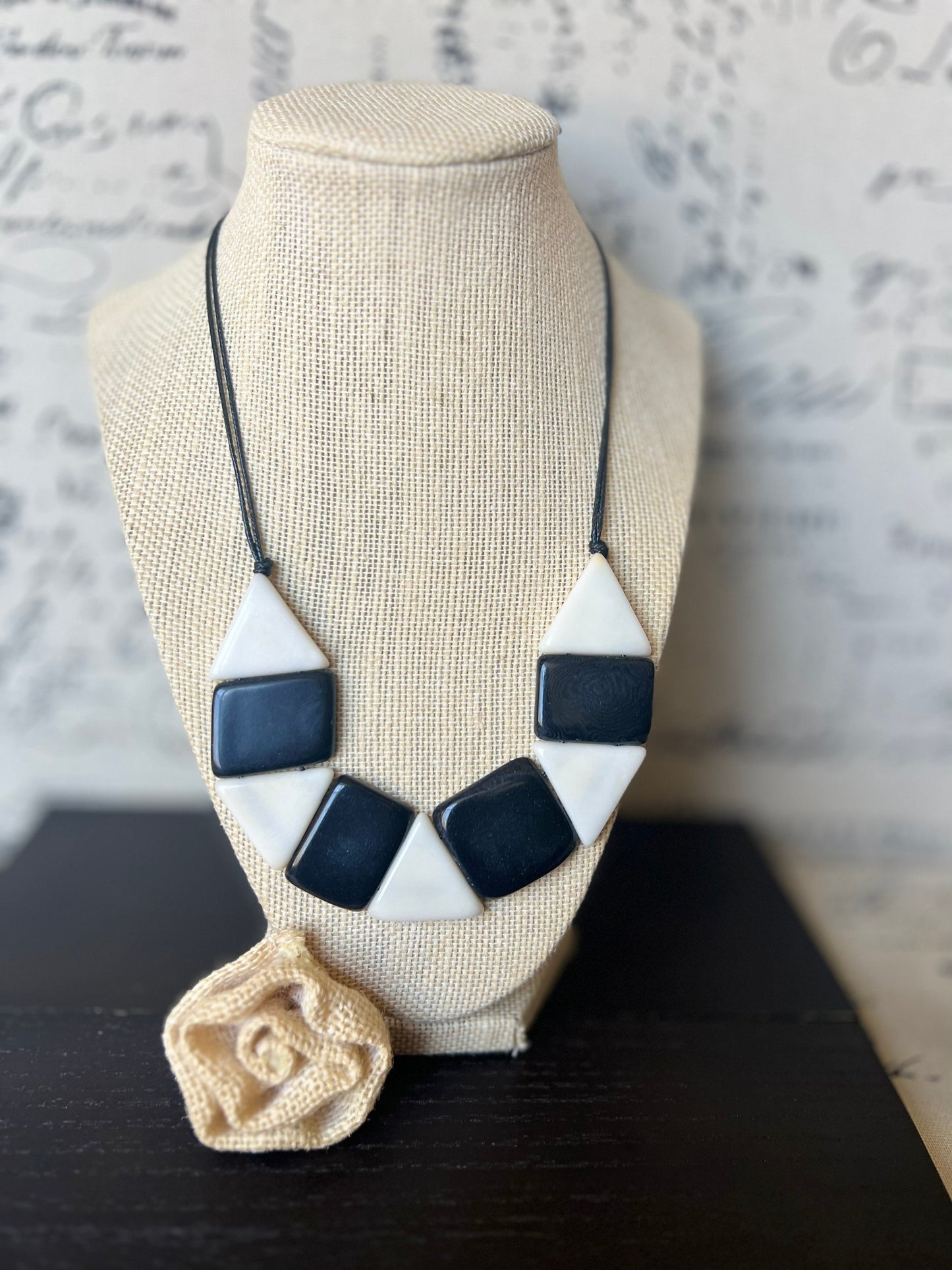 Black and white statement necklace Adjustable cord Tagua nut jewelry Artisan handmade Fall fashion Wearable art Simple bead necklace