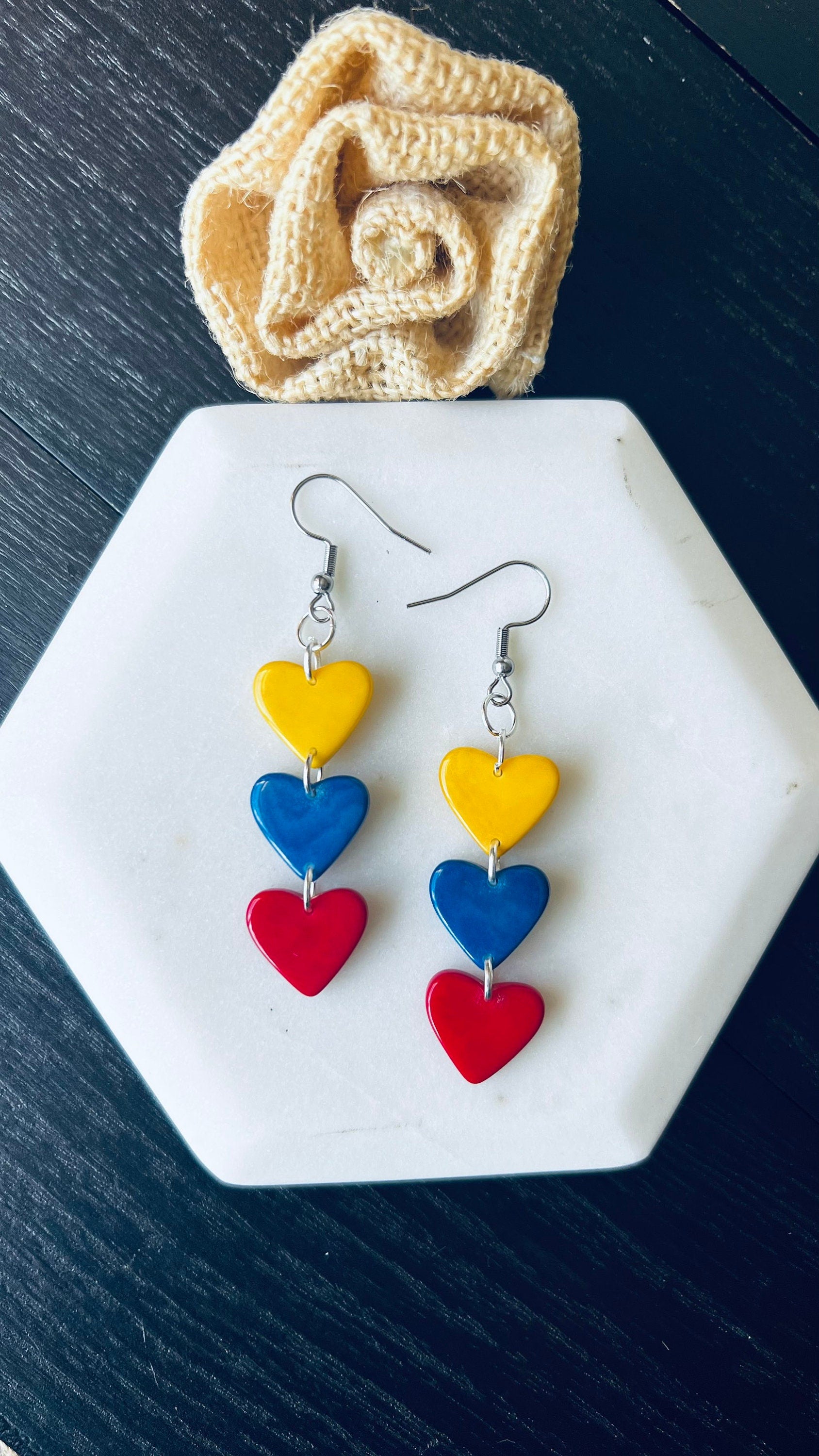 Colombia flag earrings Yellow blue and red hearts statement earrings Tagua jewelry gifts Ecuador fashion Venezuela flag pride Hypoallergenic