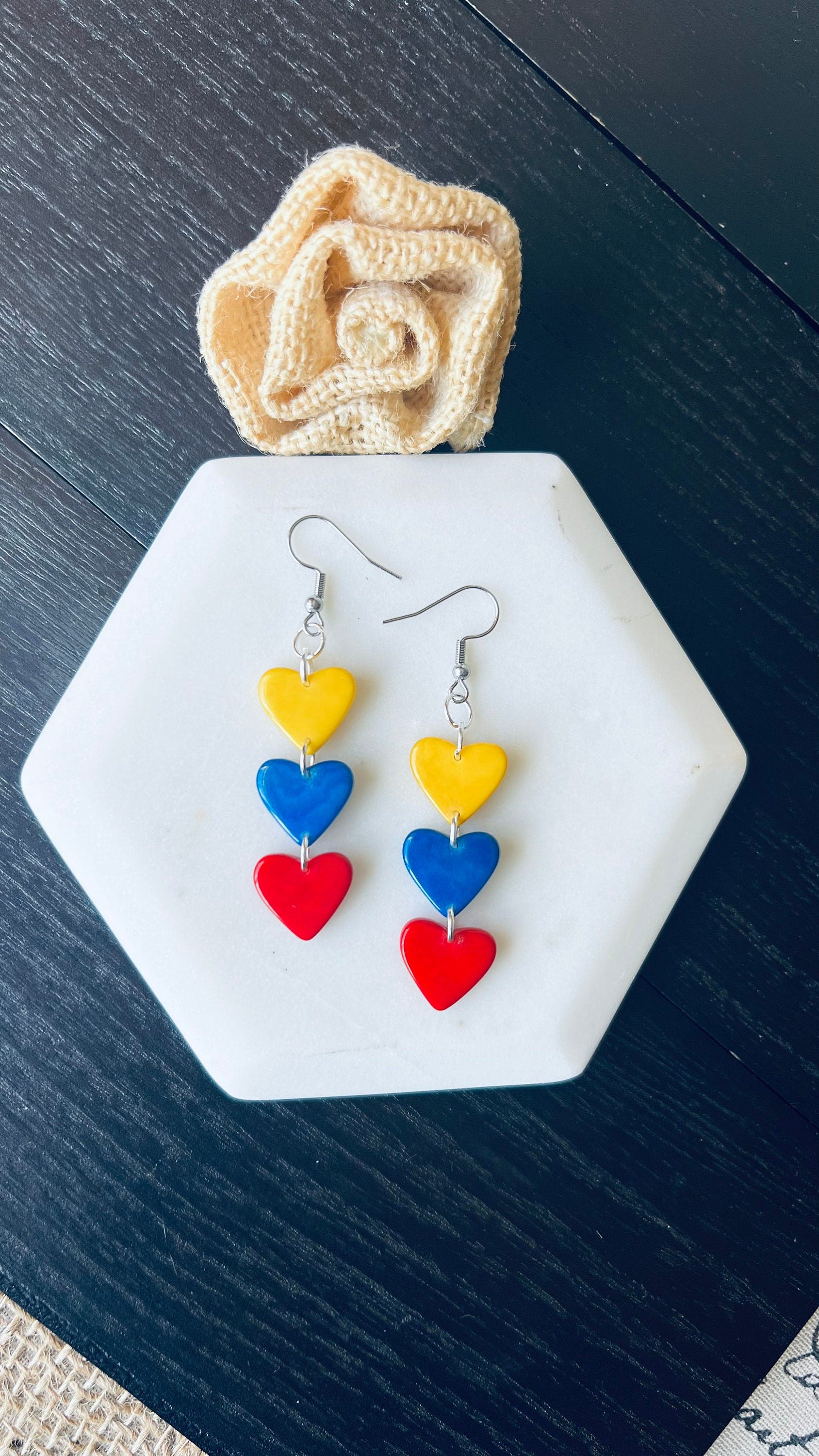 Colombia flag earrings Yellow blue and red hearts statement earrings Tagua jewelry gifts Ecuador fashion Venezuela flag pride Hypoallergenic