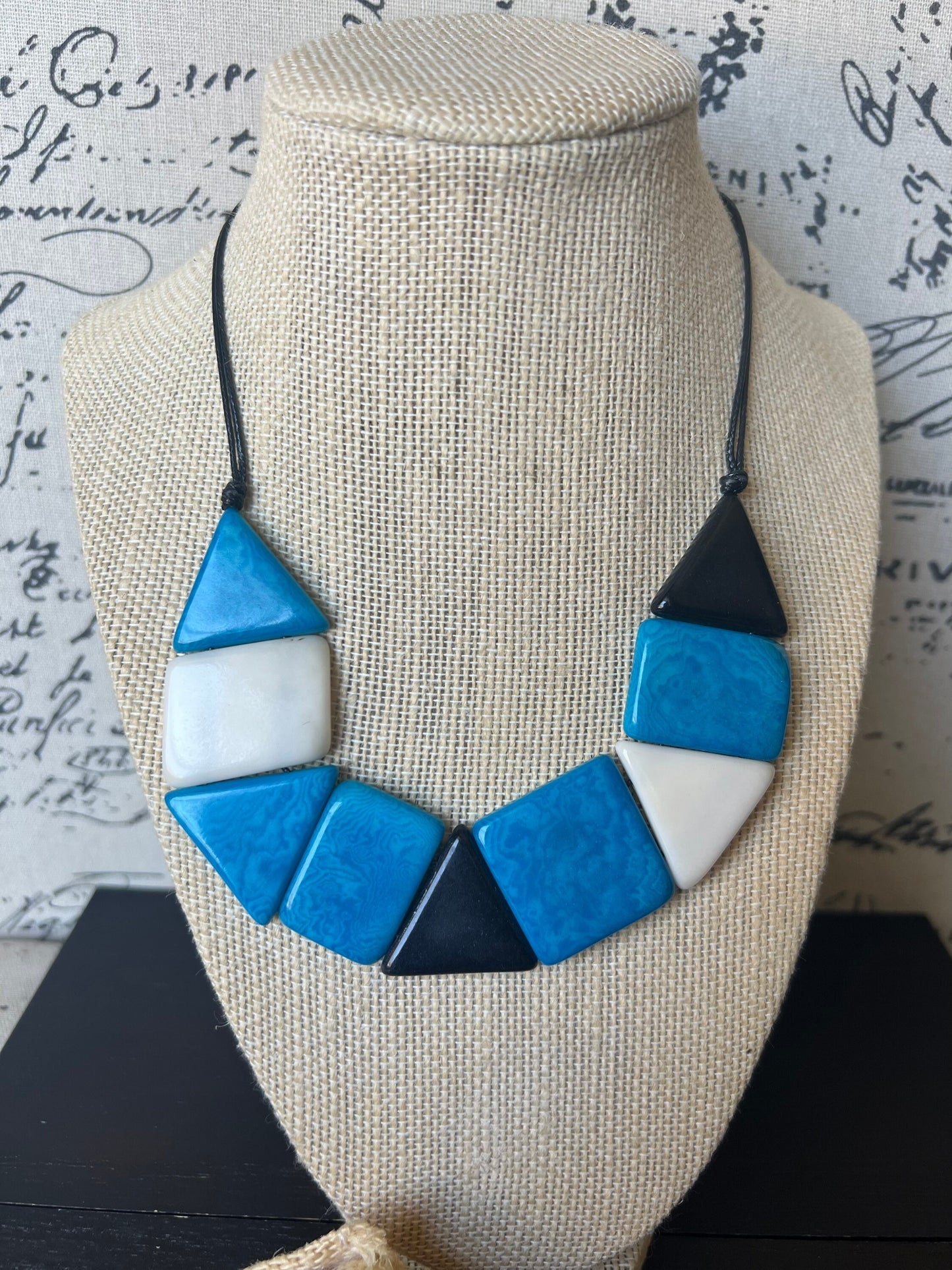 Turquoise blue and white beaded necklace Adjustable cord Tagua nut jewelry Fall fashion 2025 Artisan handmade necklace Wearable art