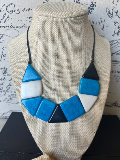 Turquoise blue and white beaded necklace Adjustable cord Tagua nut jewelry Fall fashion 2025 Artisan handmade necklace Wearable art