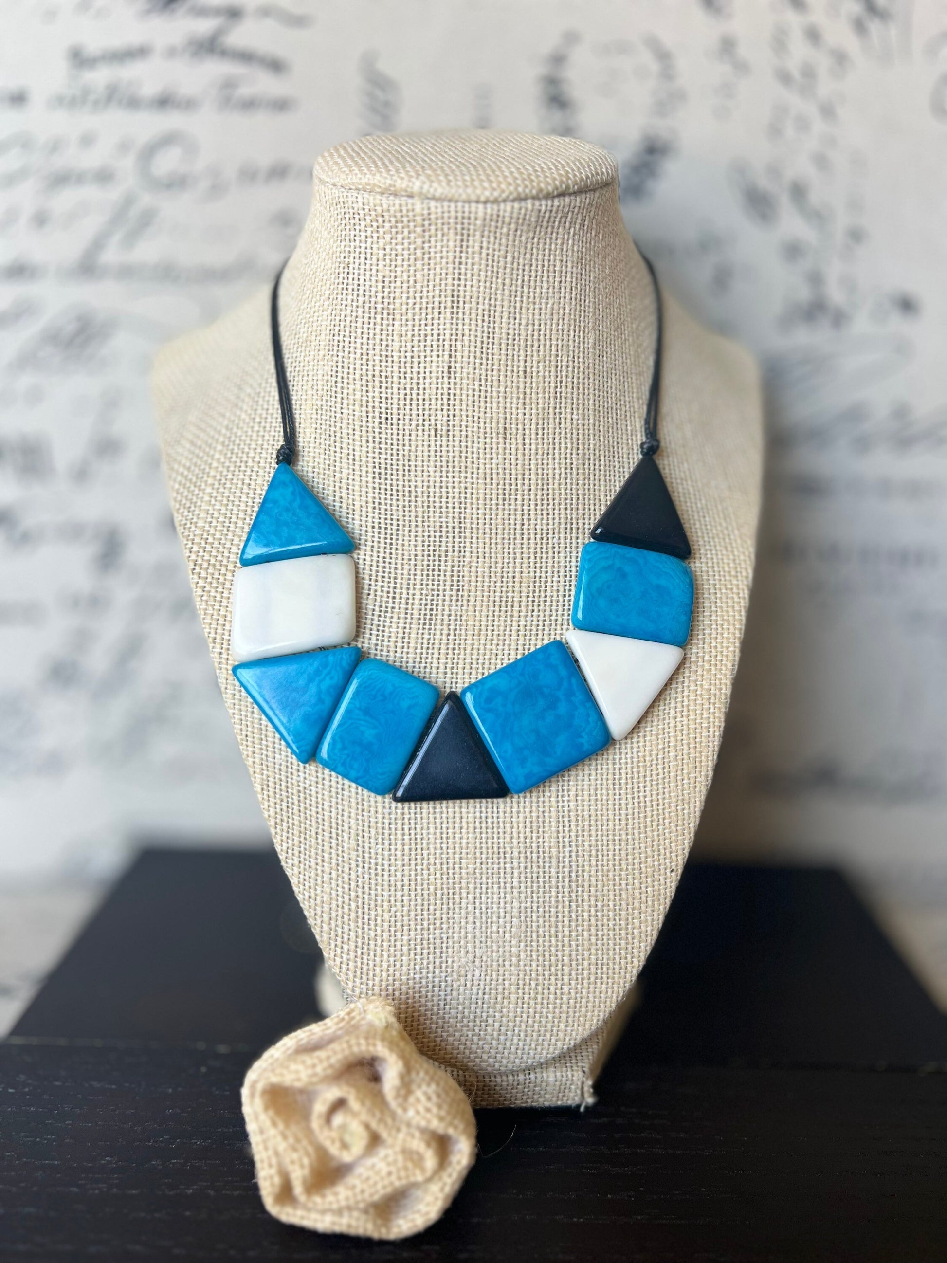 Turquoise blue and white beaded necklace Adjustable cord Tagua nut jewelry Fall fashion 2025 Artisan handmade necklace Wearable art