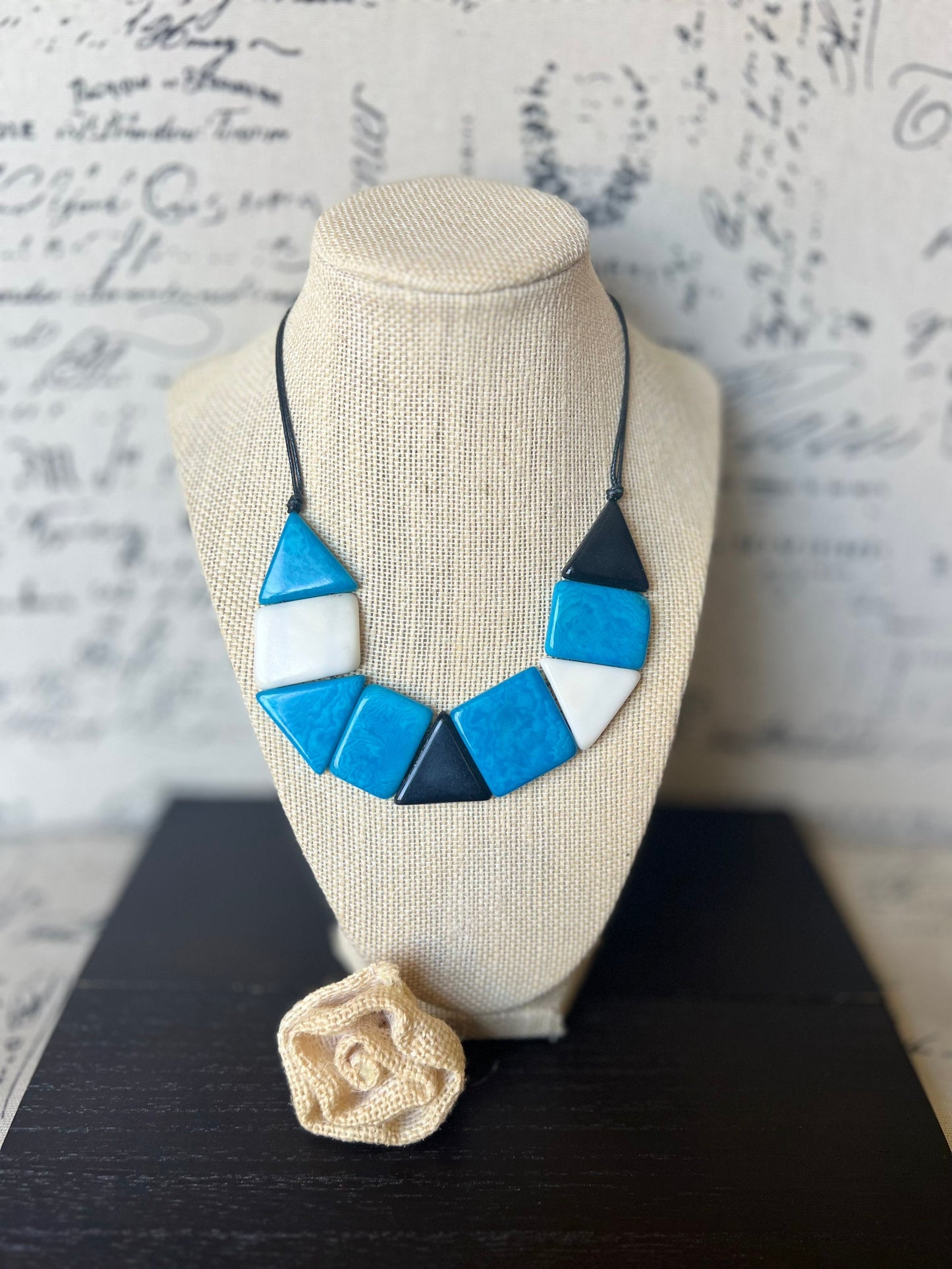 Turquoise blue and white beaded necklace Adjustable cord Tagua nut jewelry Fall fashion 2025 Artisan handmade necklace Wearable art
