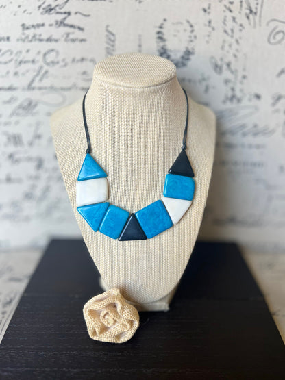 Turquoise blue and white beaded necklace Adjustable cord Tagua nut jewelry Fall fashion 2025 Artisan handmade necklace Wearable art