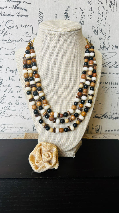 Brown white and black fashion multi strand necklace Mothers day gift Lightweight with gold chain Adjustable chain Tagua necklace Art to wear