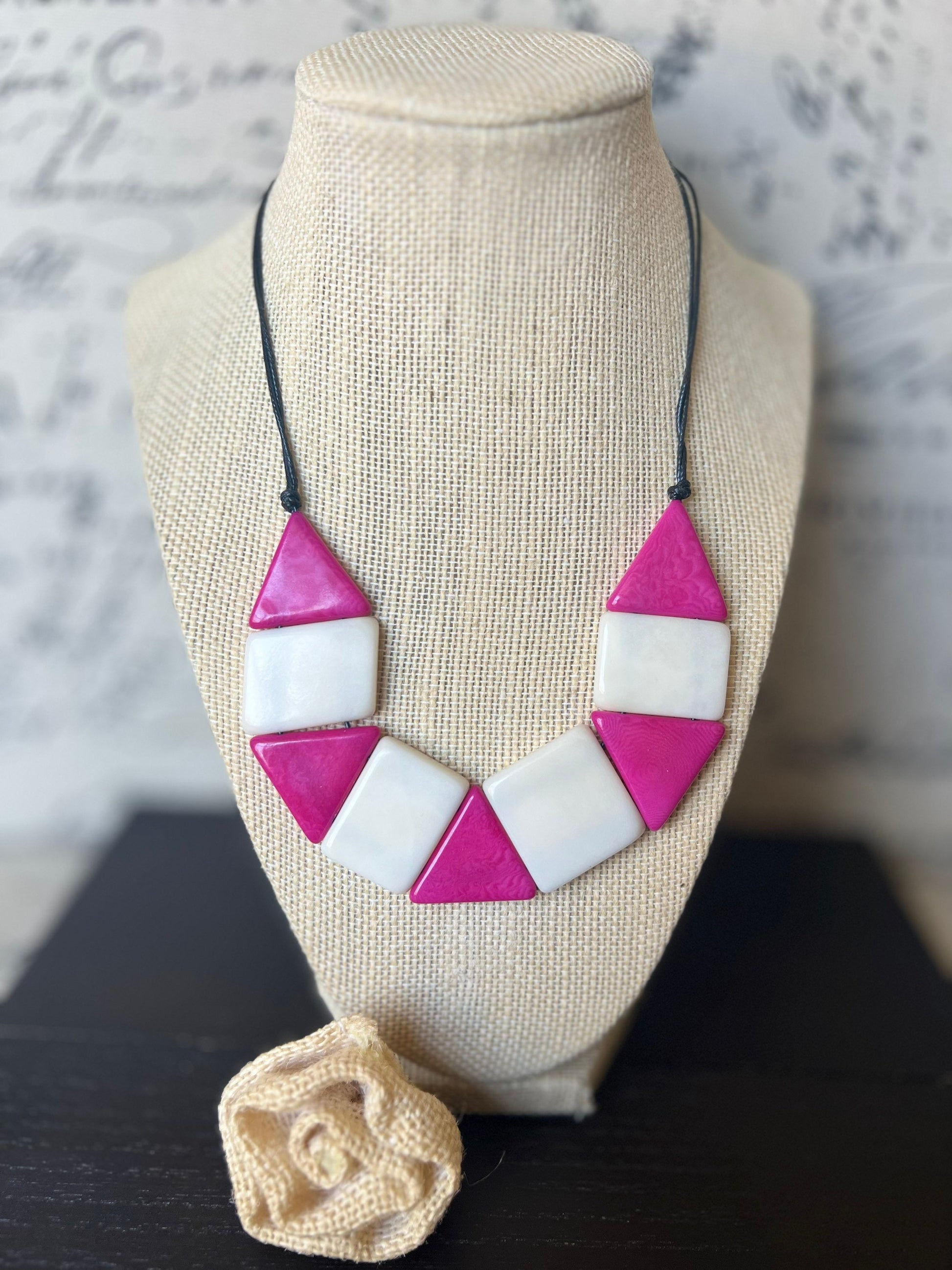 Pink and white beaded necklace Tagua nut jewelry Simple beaded necklaces Artsy necklace for women Colorful statement necklaces Wearable art