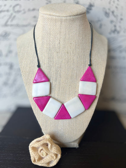 Pink and white beaded necklace Tagua nut jewelry Simple beaded necklaces Artsy necklace for women Colorful statement necklaces Wearable art
