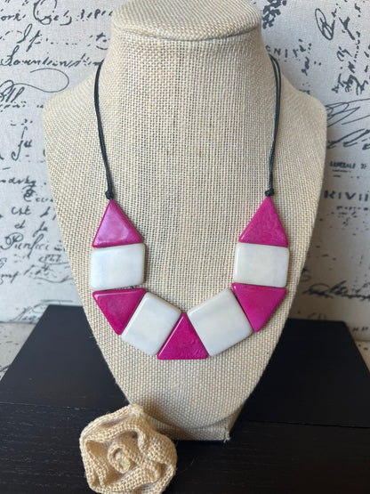 Pink and white beaded necklace Tagua nut jewelry Simple beaded necklaces Artsy necklace for women Colorful statement necklaces Wearable art