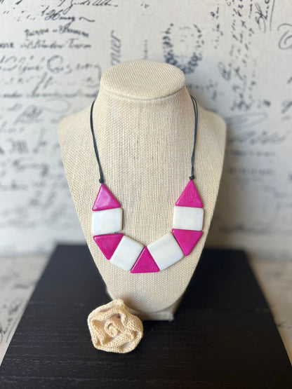 Pink and white beaded necklace Tagua nut jewelry Simple beaded necklaces Artsy necklace for women Colorful statement necklaces Wearable art