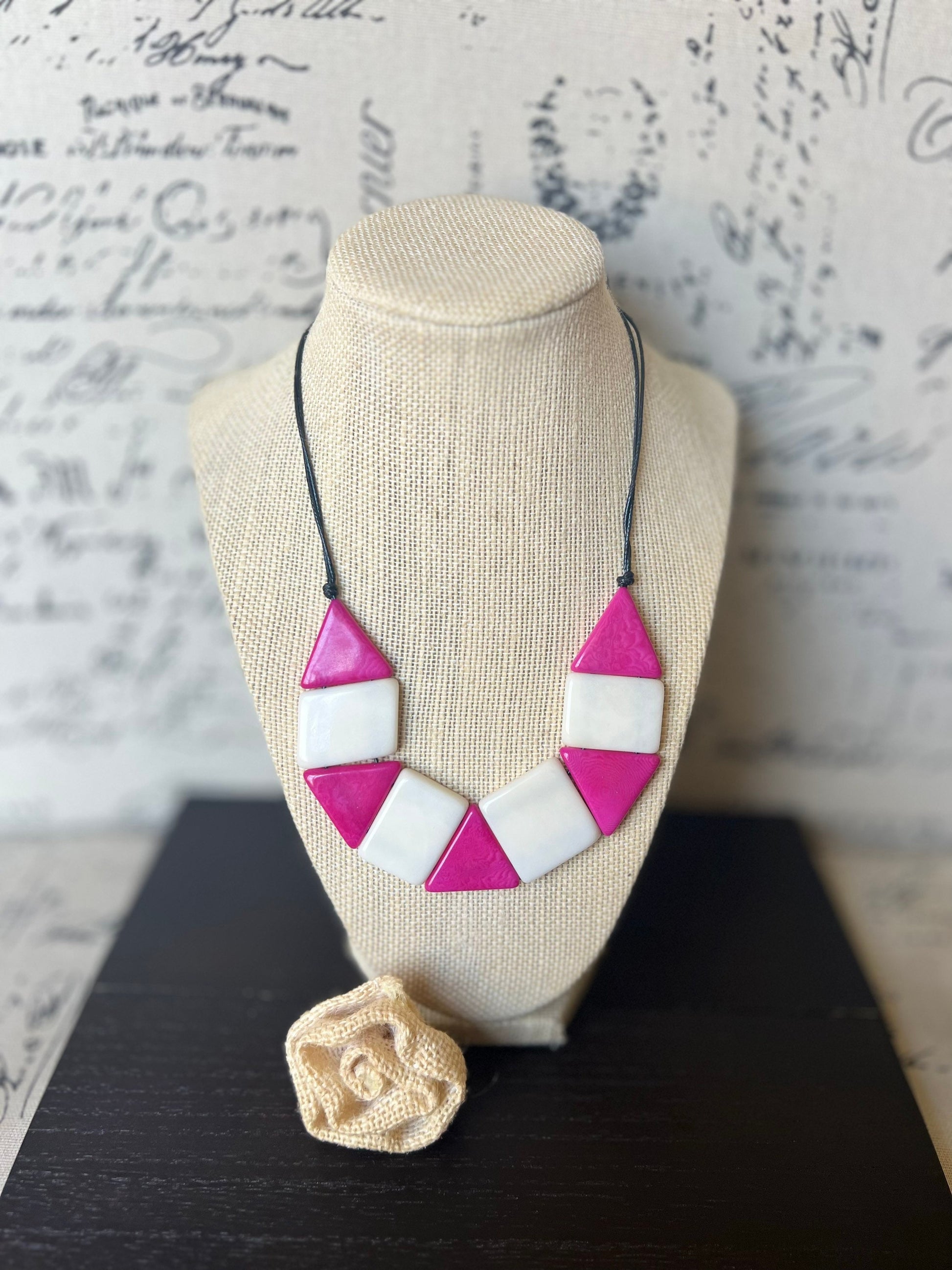 Pink and white beaded necklace Tagua nut jewelry Simple beaded necklaces Artsy necklace for women Colorful statement necklaces Wearable art