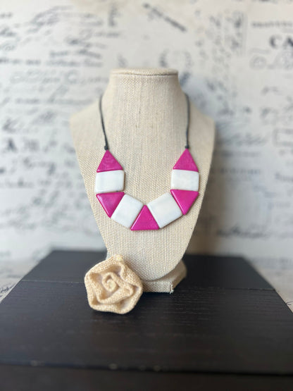 Pink and white beaded necklace Tagua nut jewelry Simple beaded necklaces Artsy necklace for women Colorful statement necklaces Wearable art