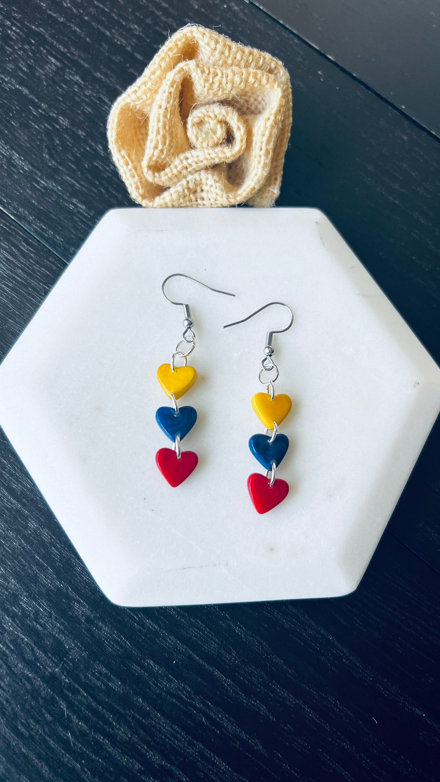 Ecuador flag earrings Dangle and drop earrings Tagua nut jewelry Waterfall earrings Gifts from Colombia Wearable art Venezuela pride